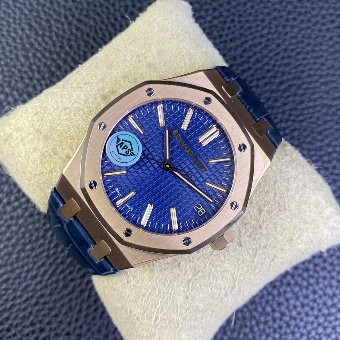 Audemars Piguet Replica AP Watch Royal Oak Selfwinding ��50th Anniversary�� 41mm Rose Gold Blue Dial Leather Strap 15510OR.OO.D315CR.01-APS(1:1 replica) - Top club