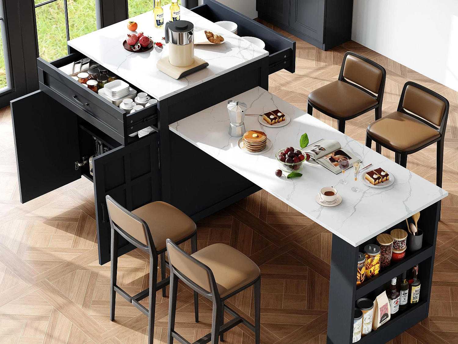 Ilot central de cuisine avec 2 portes et 2 tiroirs - Plateau extensible - Comptoirs en marbre artificiel - 133(202)x59x93.5 cm - 2 à 6 personnes - Noir +Blanc