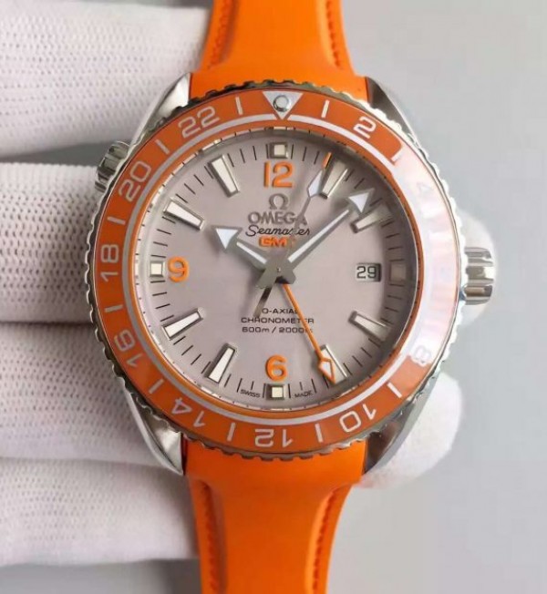 Replica Omega Planet Ocean SS GMT Gray Dial Orange Bezel Rubber Strap A8615 - Elite Watch Atelier
