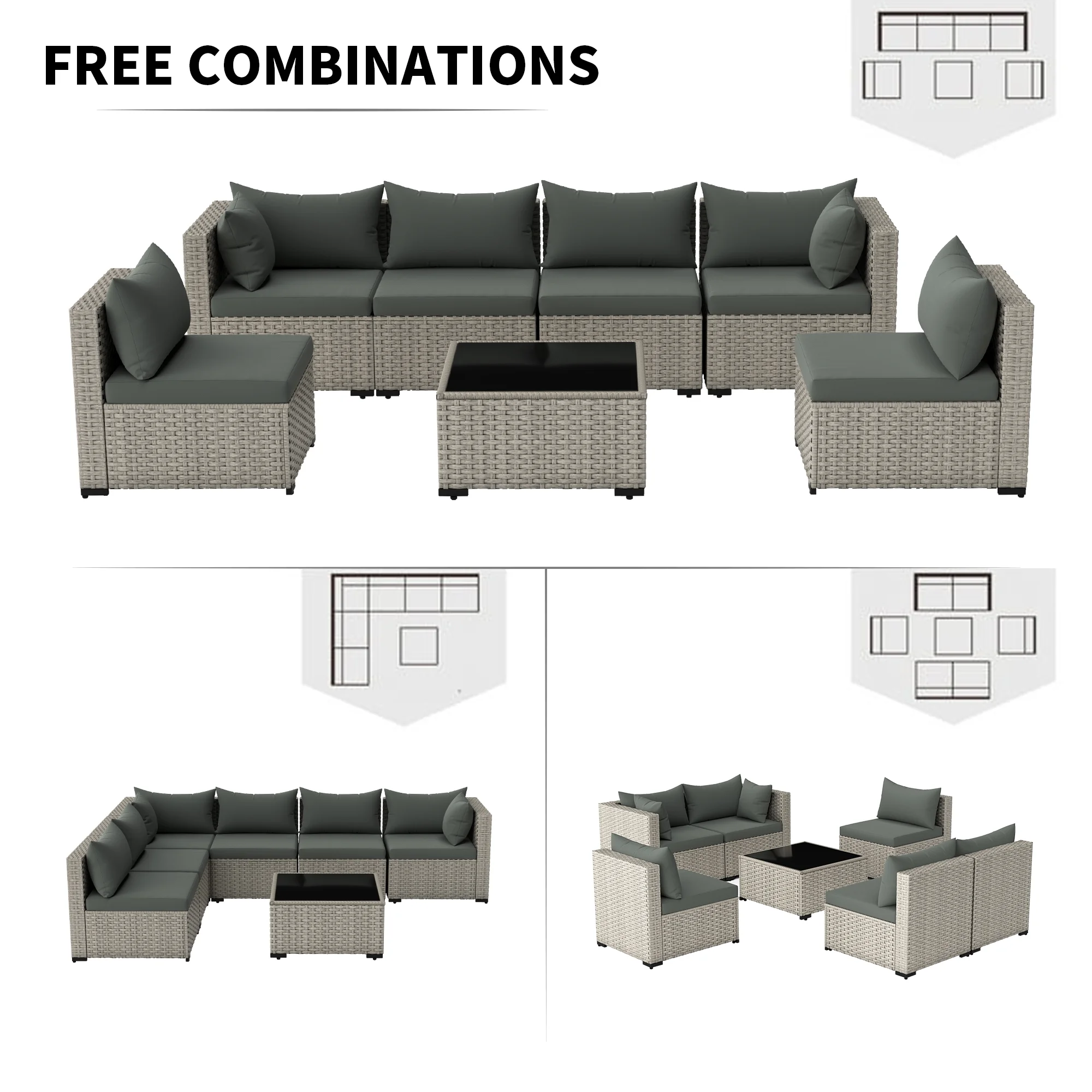 7 Pieces Patio Conversation Set, Outdoor Sectional PE Rattan Wicker Furniture Seat,Dark Gray - Image 6