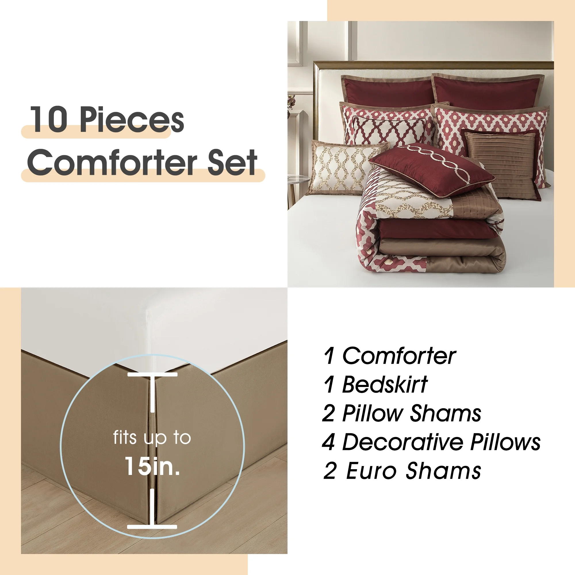 LANCO MODERN LIFESTYLE King Size Comforter Set, Burgundy, 10 Piece Bed in a Bag for All Seasons, Luxury Extreme Comfort Bedding Sets with Bedskirt, Pillow Shams, Euro Shams and Decor Pillows - Image 10