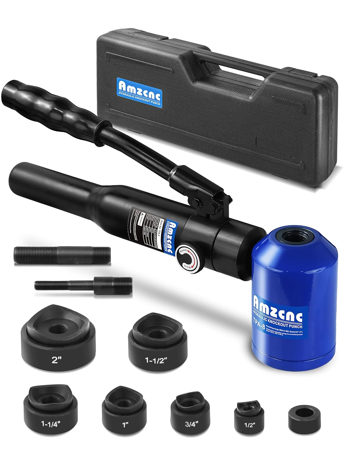 AMZCNC Hydraulic Knockout Hole Punch Driver Kit 1/2 to 2 inch Electrical Conduit Hole Cutter Set KO Tool Kit Metal Sheet Puncher (8TON(1/2