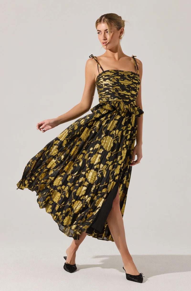 Emerys Pleated Metallic Floral Maxi Dress