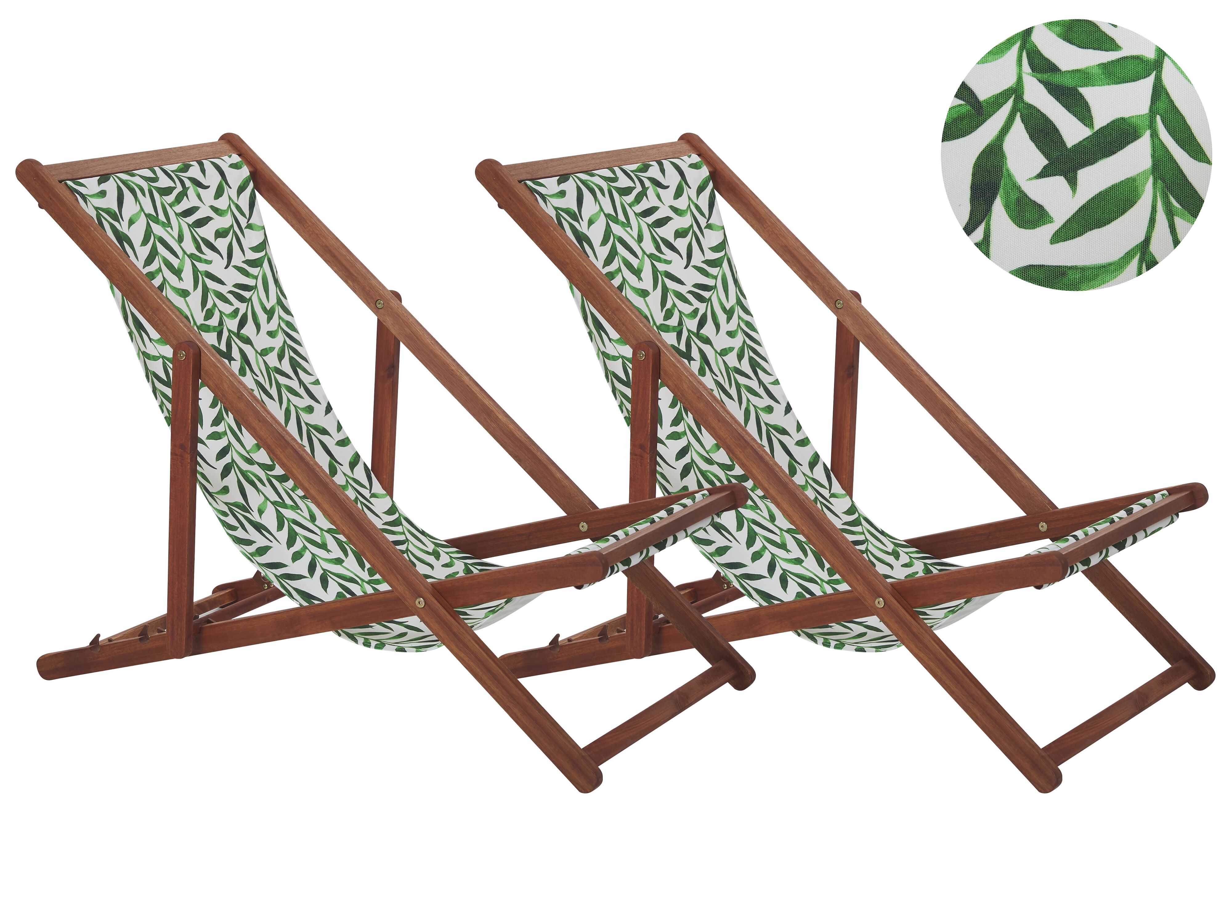 Set of 2 Folding Deck Chairs ANZIO with Replacement Fabrics Floral Motif Acacia Wood Dark Brown