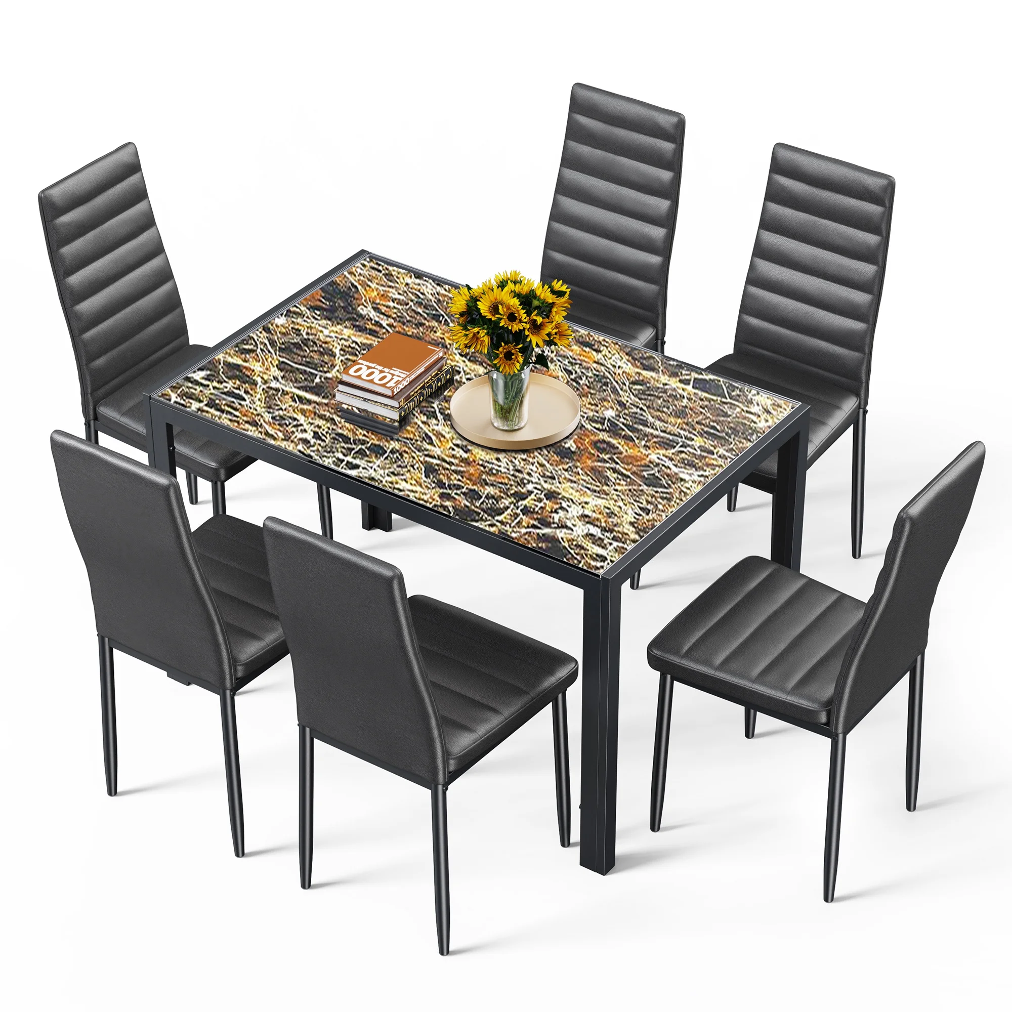 Asofer Modern 7 Piece Dining Table Sets for 6, Glass Kitchen Table, PU Leather Chair, Dining Room, Black - Image 31