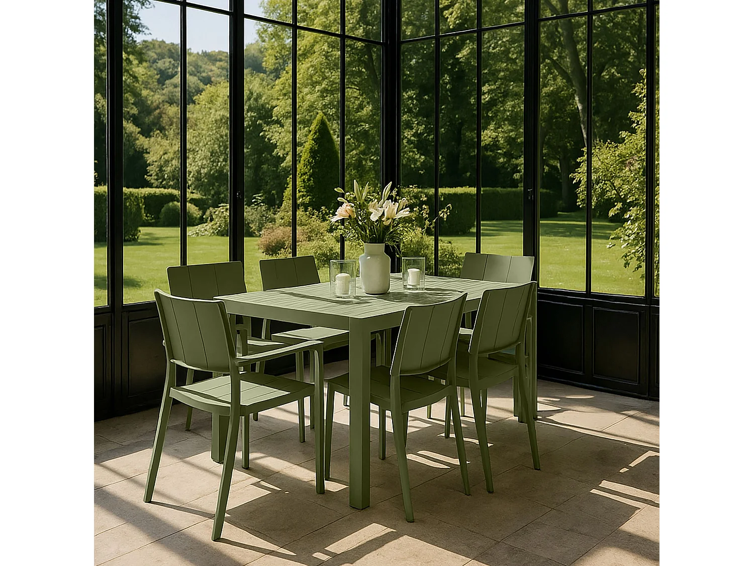 Now's Home - Ensemble Table 2 Fauteuils Et 4 Chaises En Polypropylene Vert Patio
