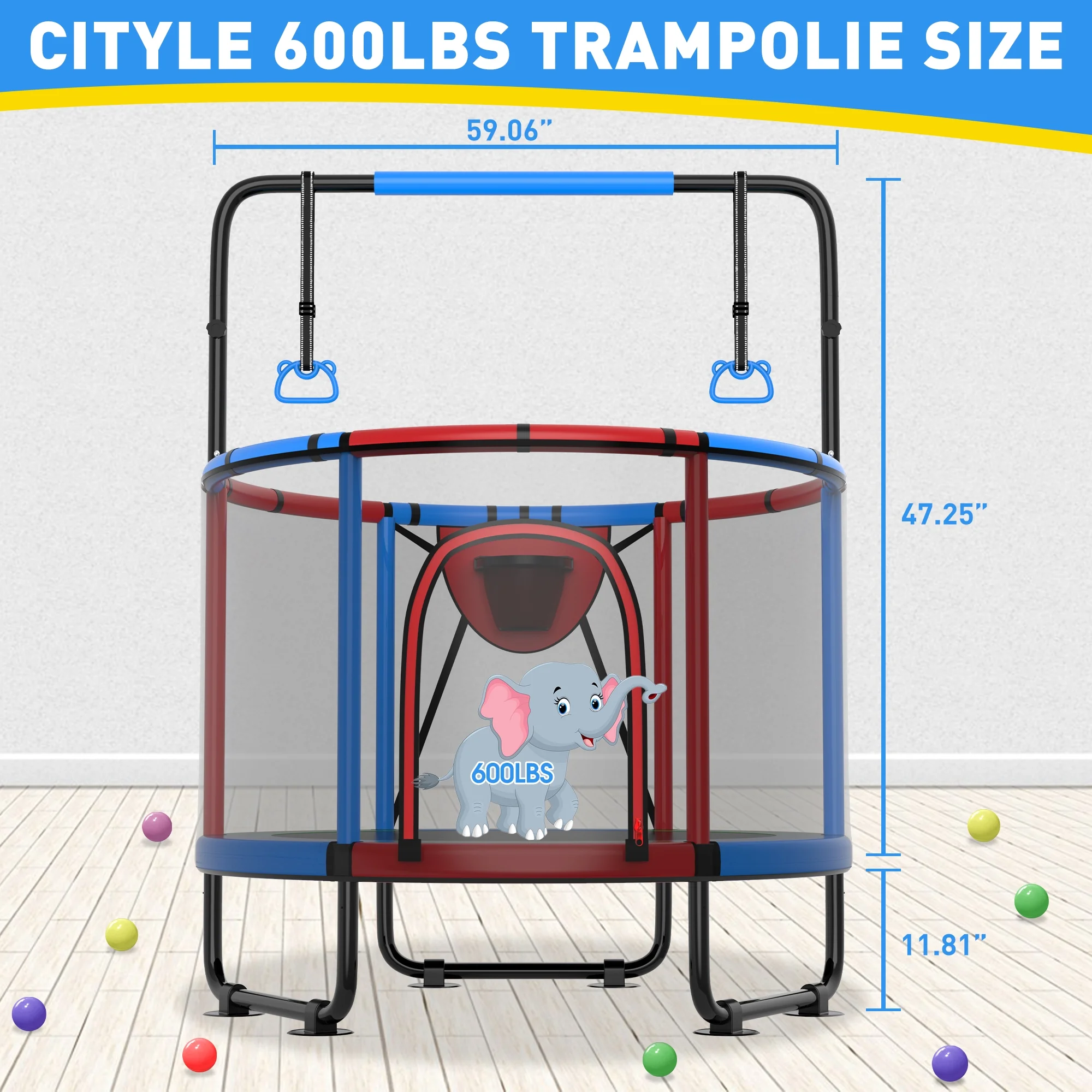 CITYLE Trampoline for Kids 600LBS 60'' 5FT Toddler Trampoline Indoor Outdoor with Basketball Hoop, Swing, Adjustable Bar, Mini Small Trampoline with Enclosure, Gifts for Toddlers, Boys & Girls - Image 24