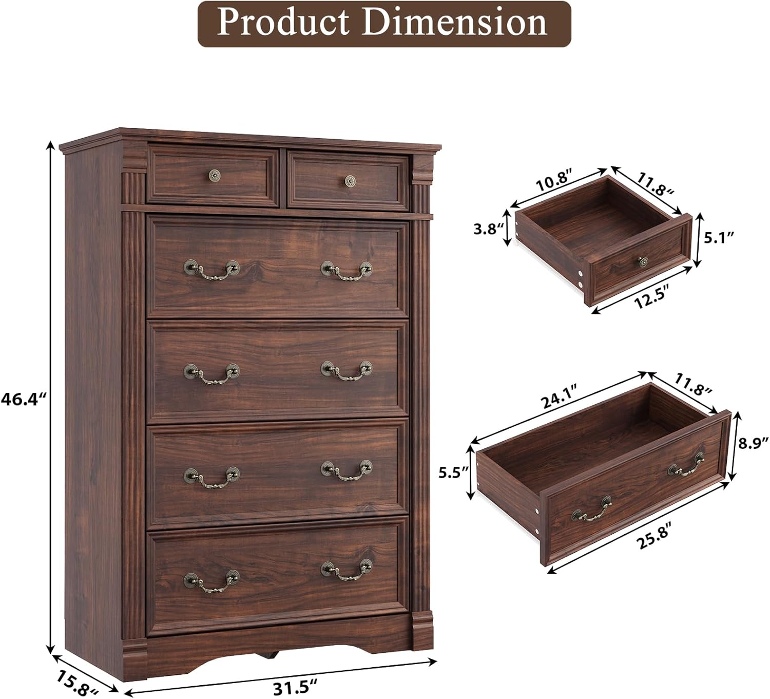 Walnut 6 Drawer Dresser for Bedroom, 47
