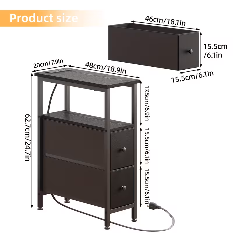 Narrow Nightstand with Charging Station & 2 Fabric Drawers | Fixwal