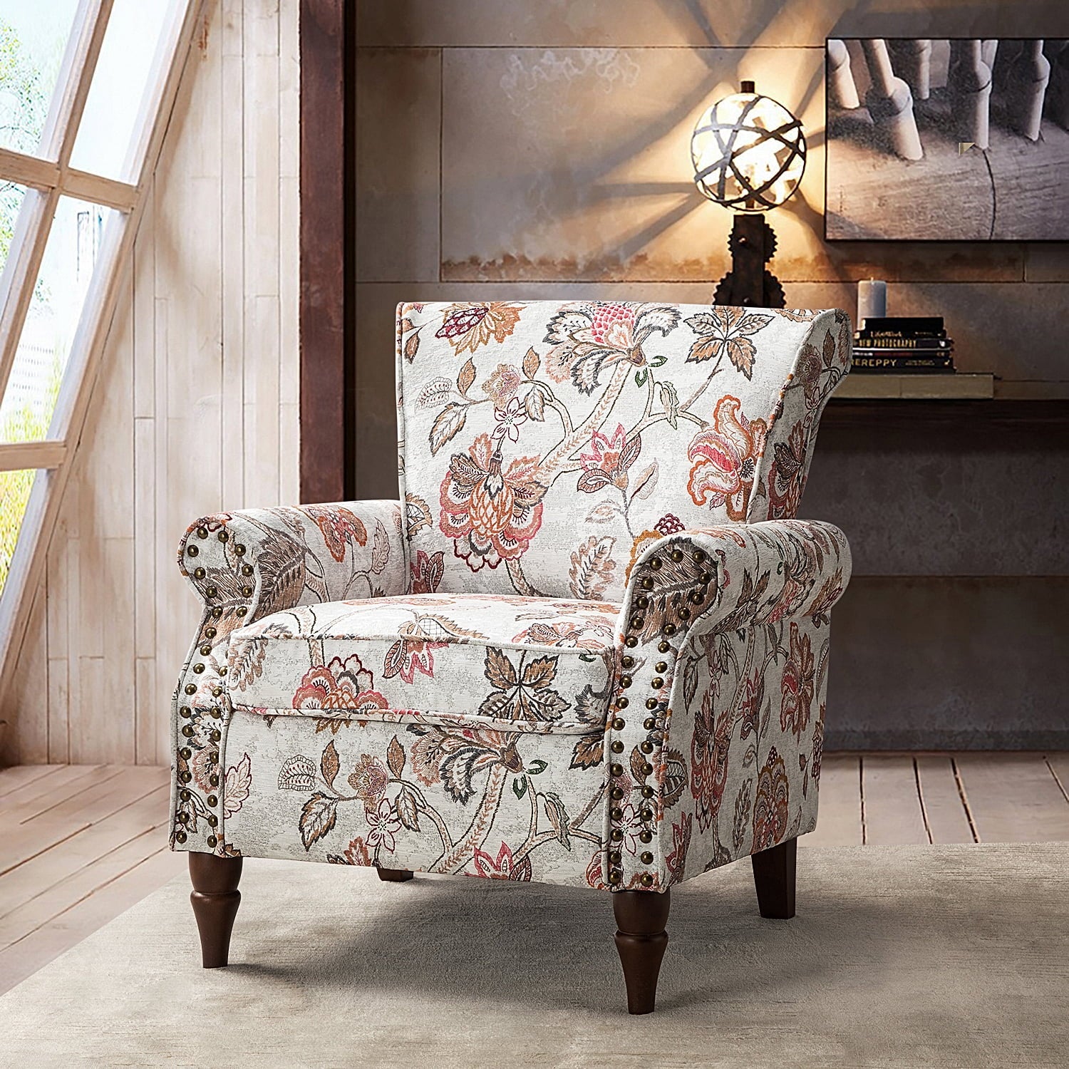 14 Karat Home Wingback Accent Chair Removable Cushion Floral Upholstered Sofa Armchair Couch Wood Legs Nailhead Trim Pink - Image 3