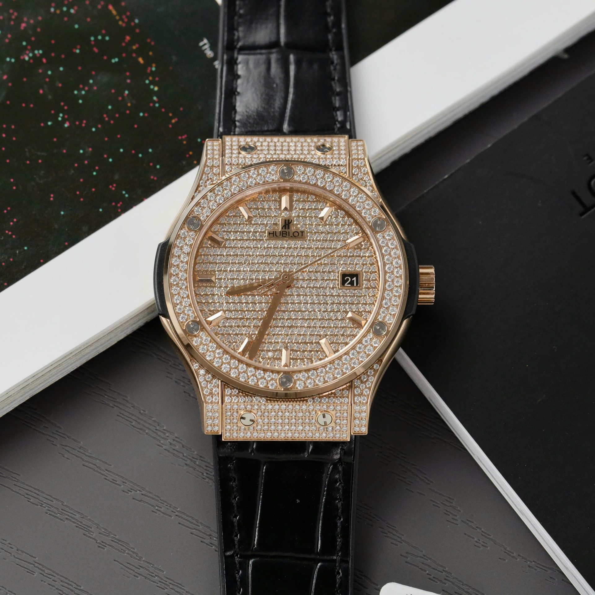 Hublot Classic Fussion King Gold Best Replica Watches Custom Full Moissanite Diamonds 42mm - Elite Watch Atelier