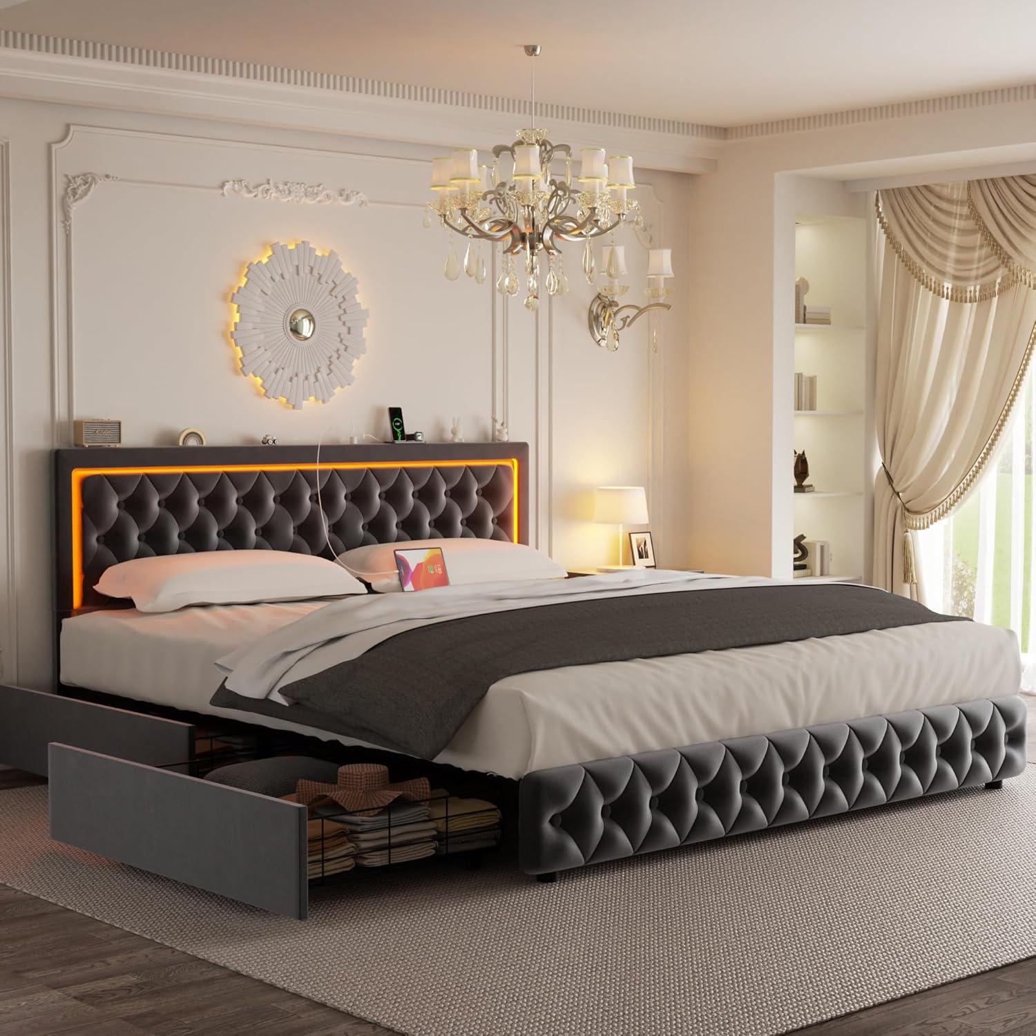 Queen Bed Frame with 4 Storage Drawers, Velvet Upholstered Bed Frame Queen Size with Charging Station and LED Lights, 46