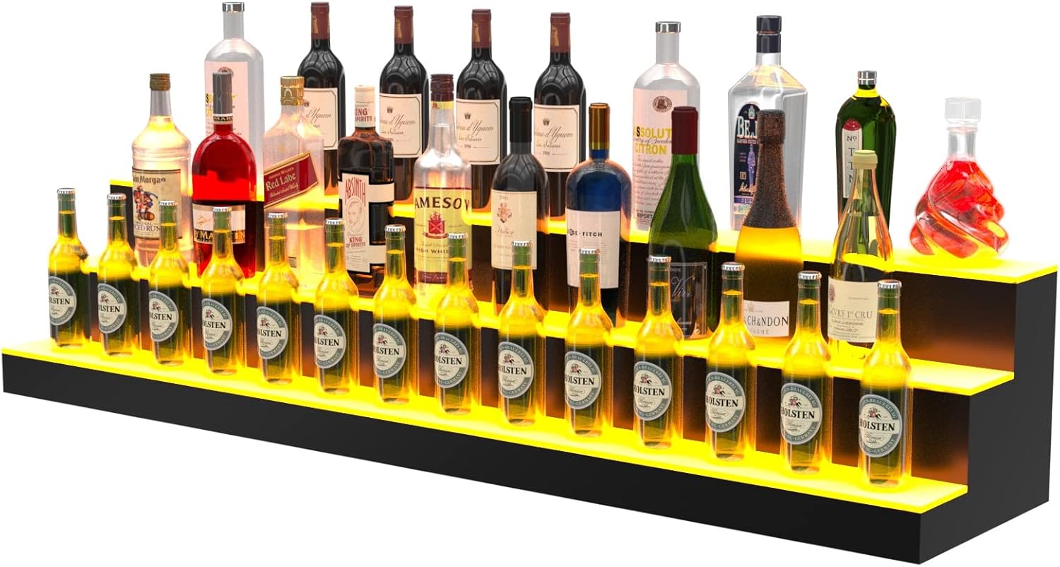 LED Liquor Bottle Display Shelf, 60 inch 3 Step Lighted Acrylic Lighted Bar Shelf for Home, Illuminated Home Bar Shelf, Acrylic Lighted Bottle Display Stand with Remote and APP Control