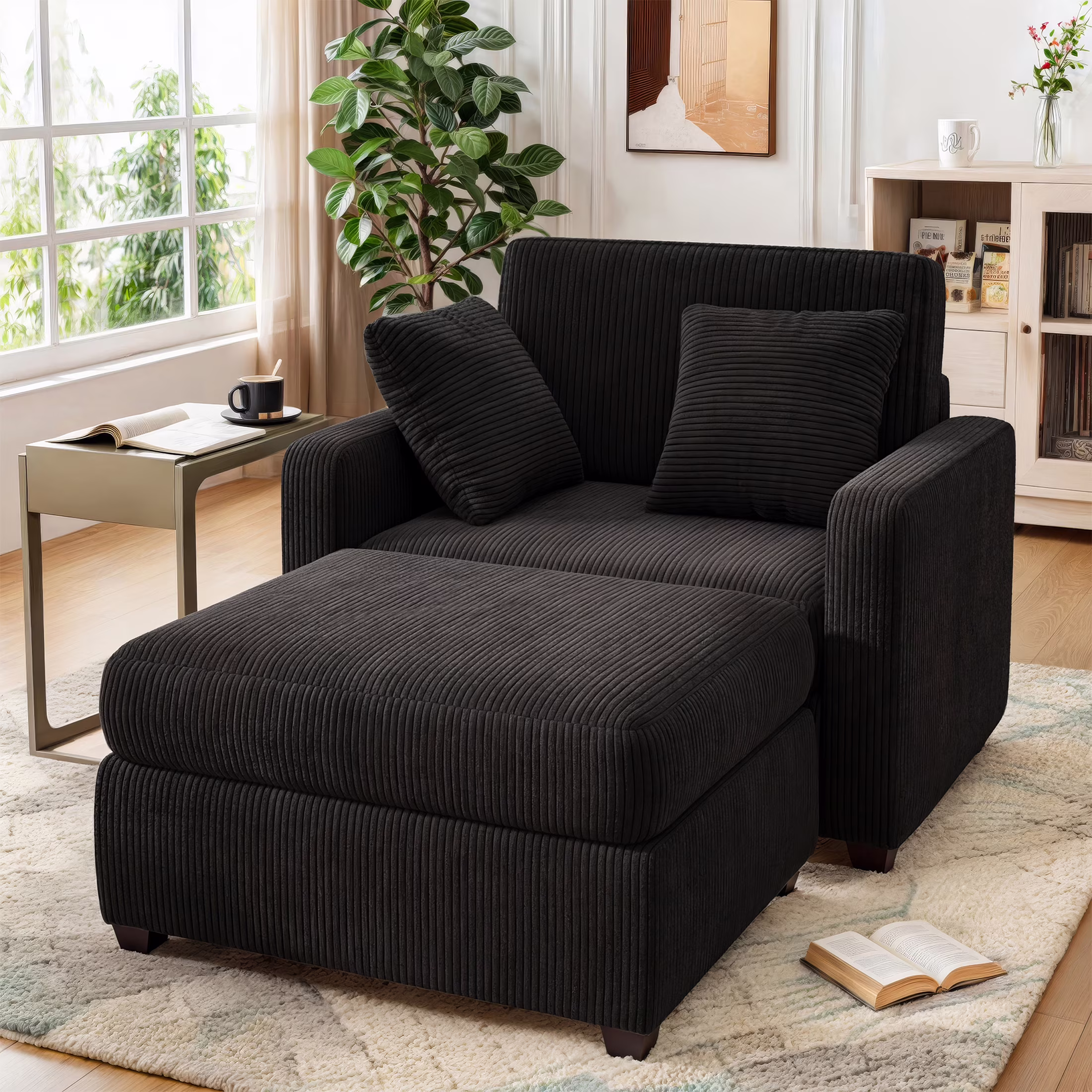 LUMIHO Chaise Lounge Chair Indoor, 42" Sleeper Chair with Two Throw Pillows and Armrests, Corduroy Chaise Couch Chair with Ottoman for Living Room, Bedroom, Apartment, Green - Image 7