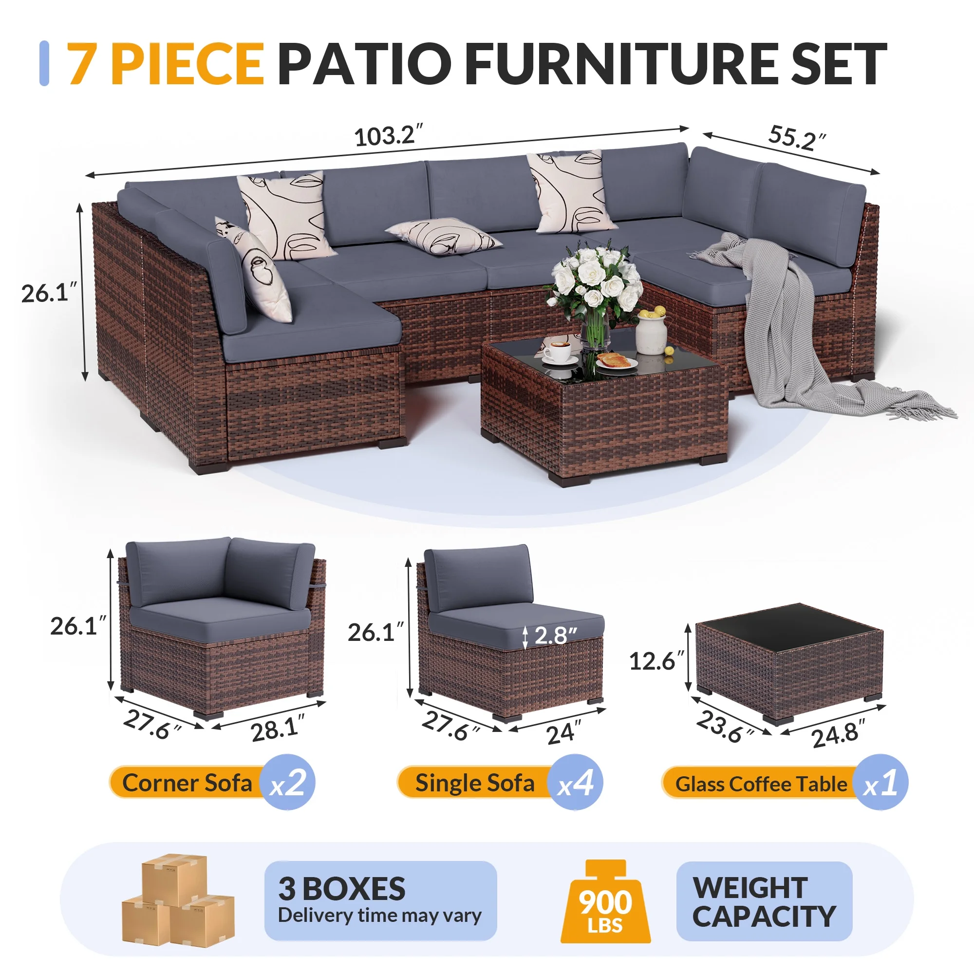 ELPOSUN 7 Pieces Patio Furniture Set, Outdoor Furniture Sectional Rattan Sofa for Backyard Garden Dark Grey - Image 9