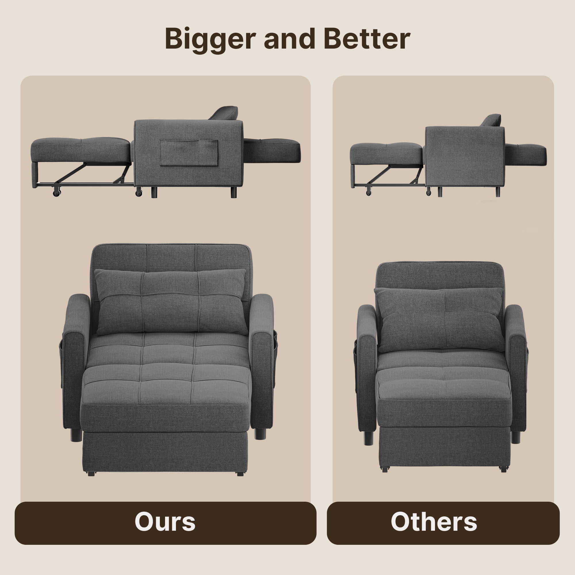 3 in 1 Convertible Sofa Bed Chair for Living Room , Aiho Sleeper Sofa Bed for Living Room, Dark Gray - Image 2
