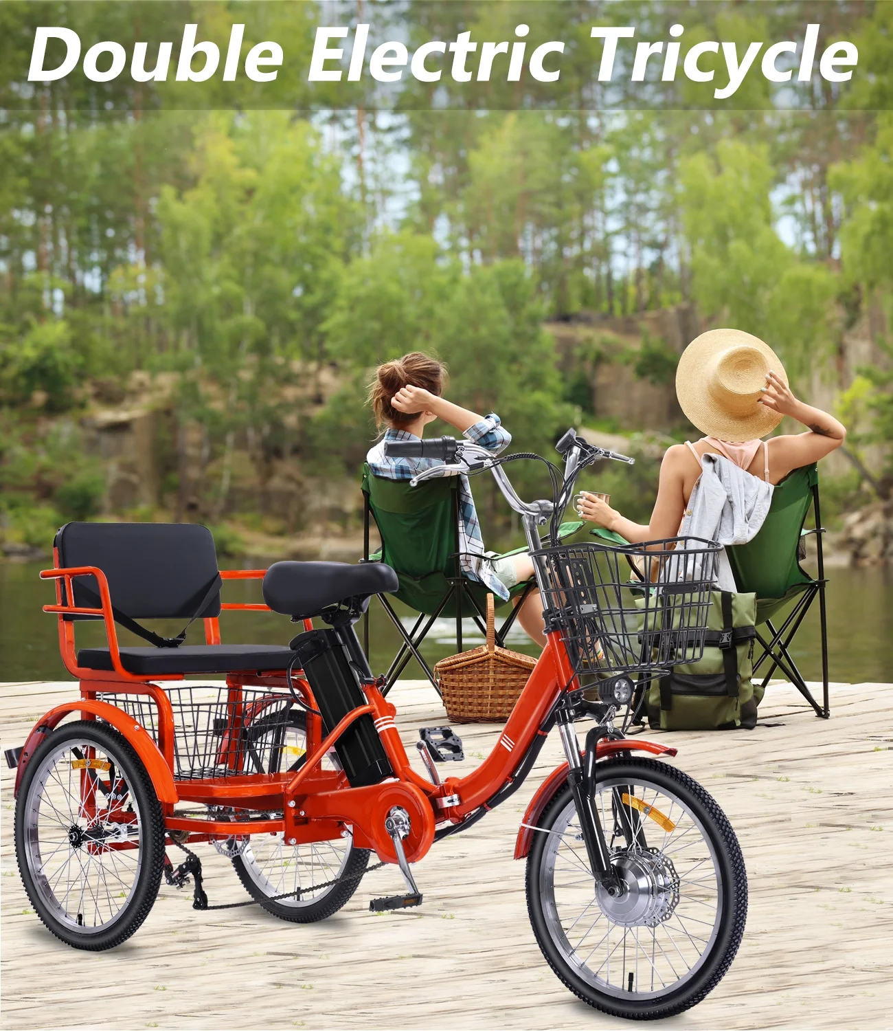NOMIGO Electric Tricycle for Adults Folding Electric Trike 3 Wheel Electric Trike with Two-seater Large Basket Super Powerful Brushless 350W Motor 48V13AH Lithium Battery Max 20MPH E-Tricycle Orange - Image 9