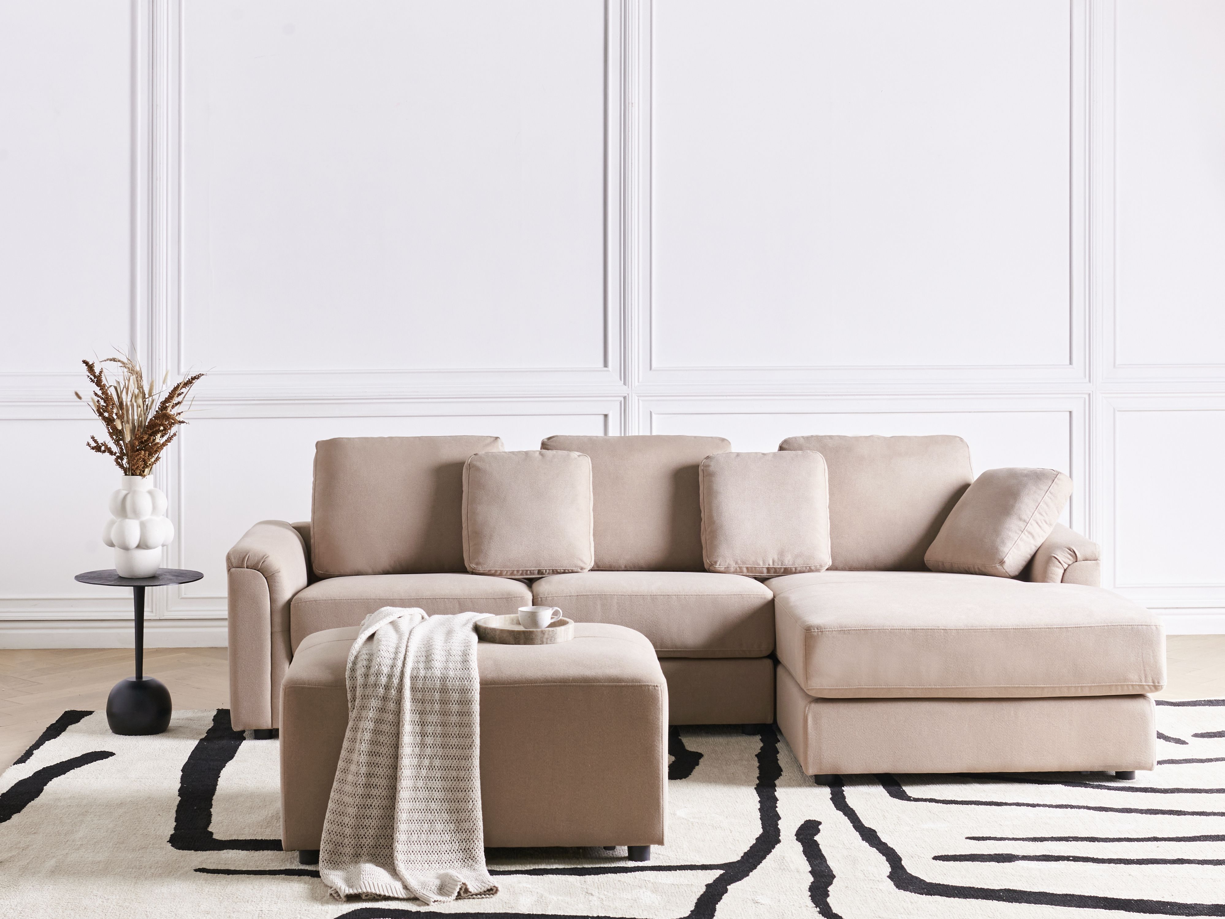 Corner Sofa 4 Seater KOHLO Fabric Taupe with Ottoman Left Hand