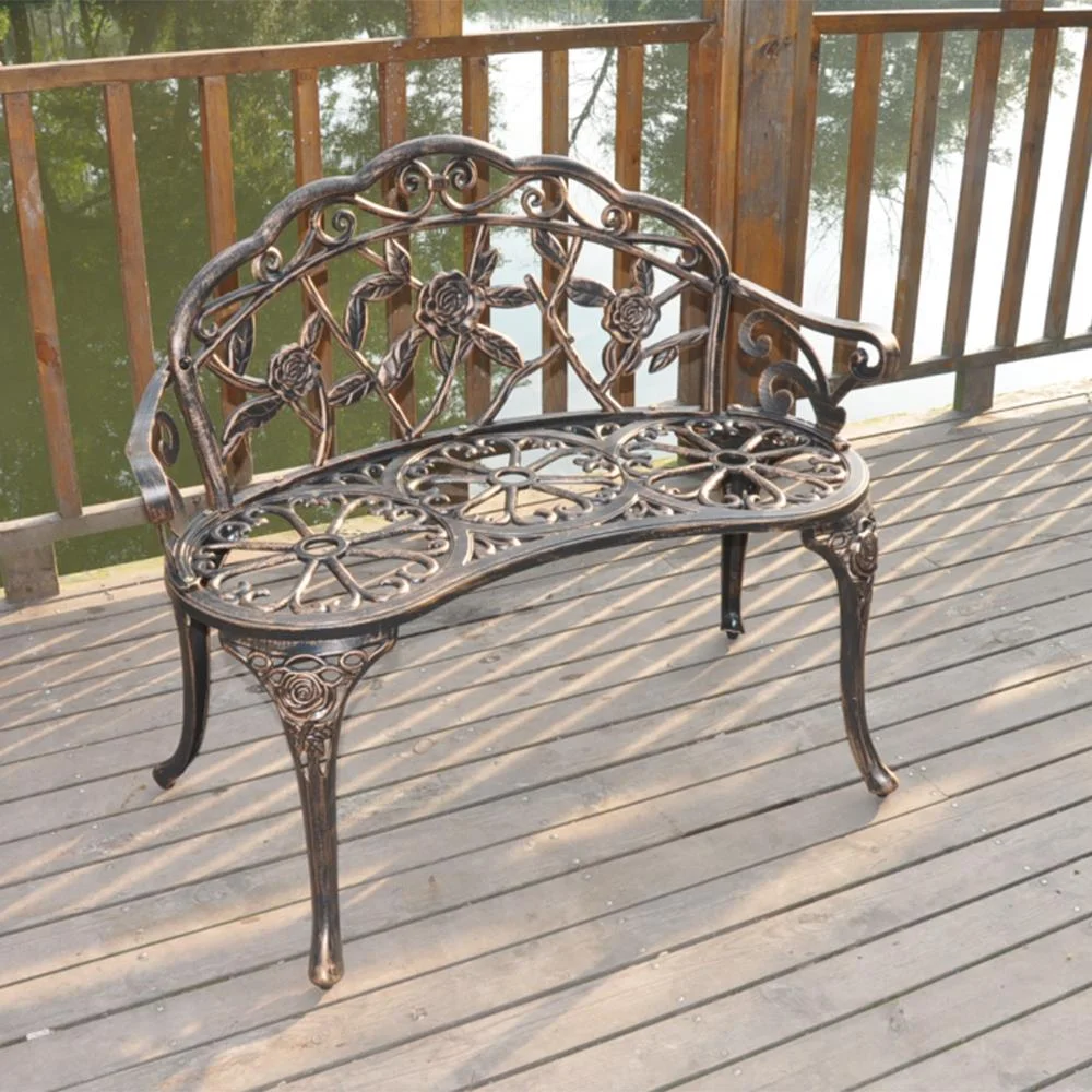 Zimtown Courtyard Park Outdoor Patio Bench Leisure Rose Cast Aluminum Chair, Metal Loveseat Bench for Garden Patio, Porch, Deck, Bronze - Image 4