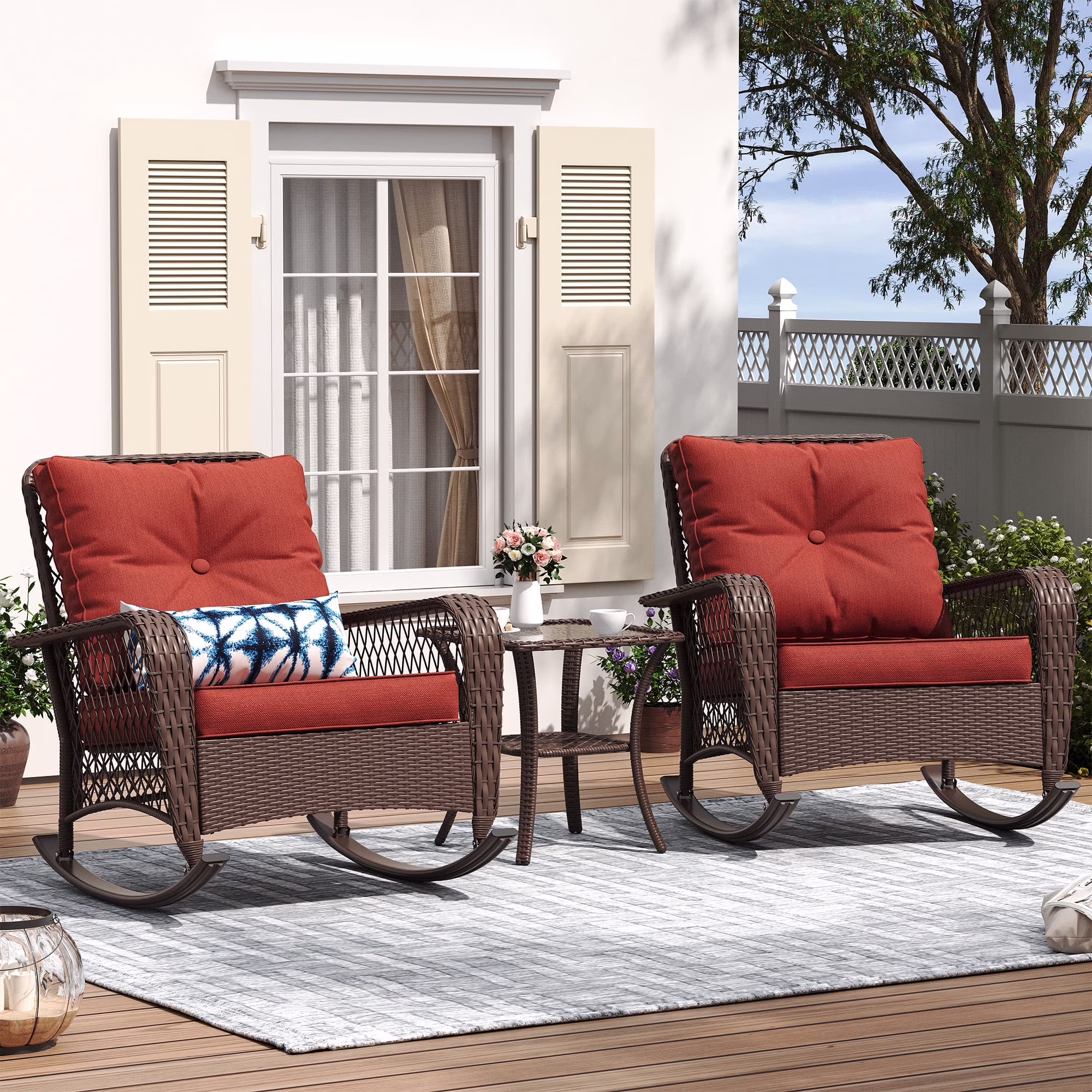 ELPOSUN 3-Piece Outdoor Rocking Chairs, Wicker Patio Furniture with Thickened Cushions and Table for Porch - Image 5