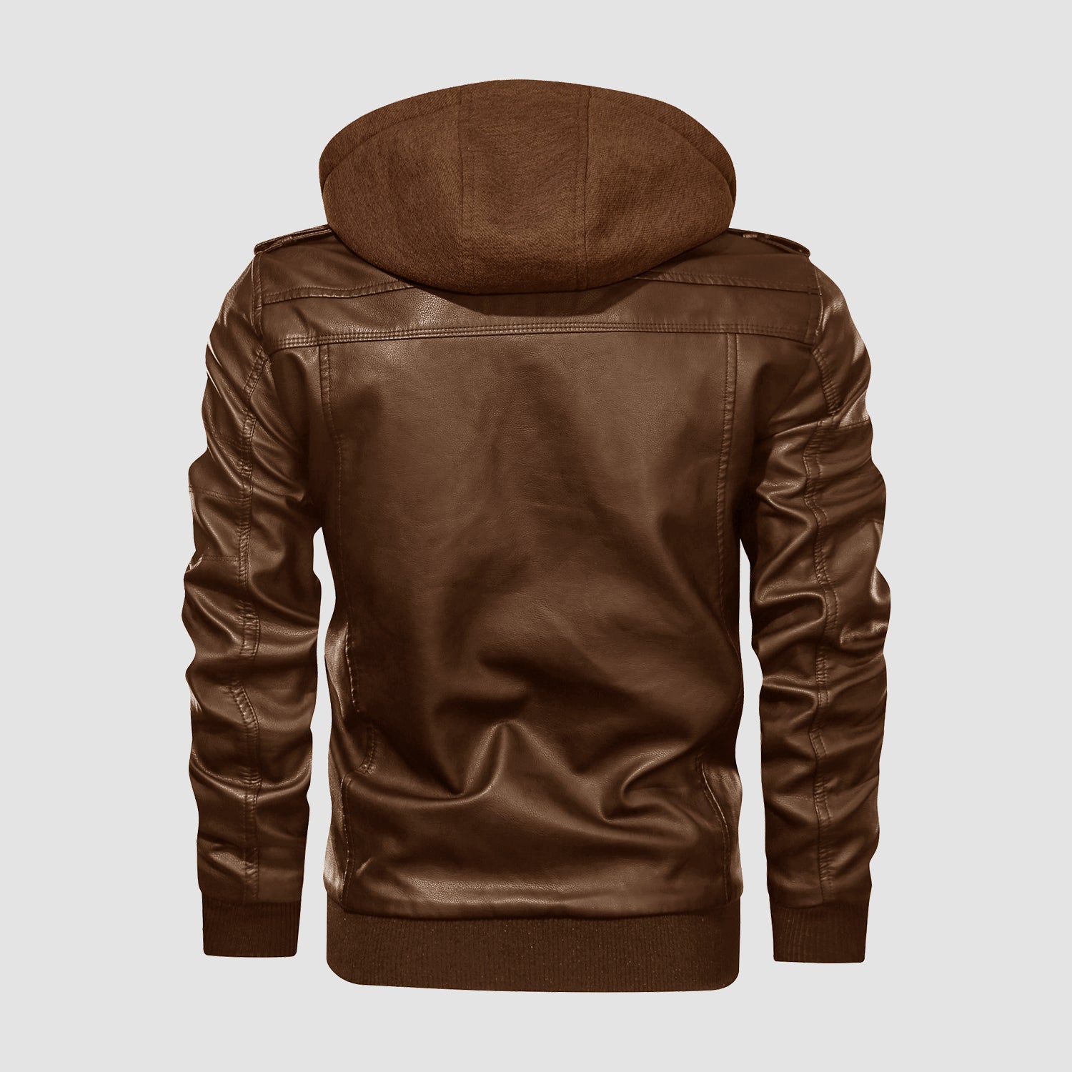 Men's Stand Collar PU Faux Leather Jacket 6 Pockets Motorcycle Bomber Fall Winter Jacket with a Removable Hood