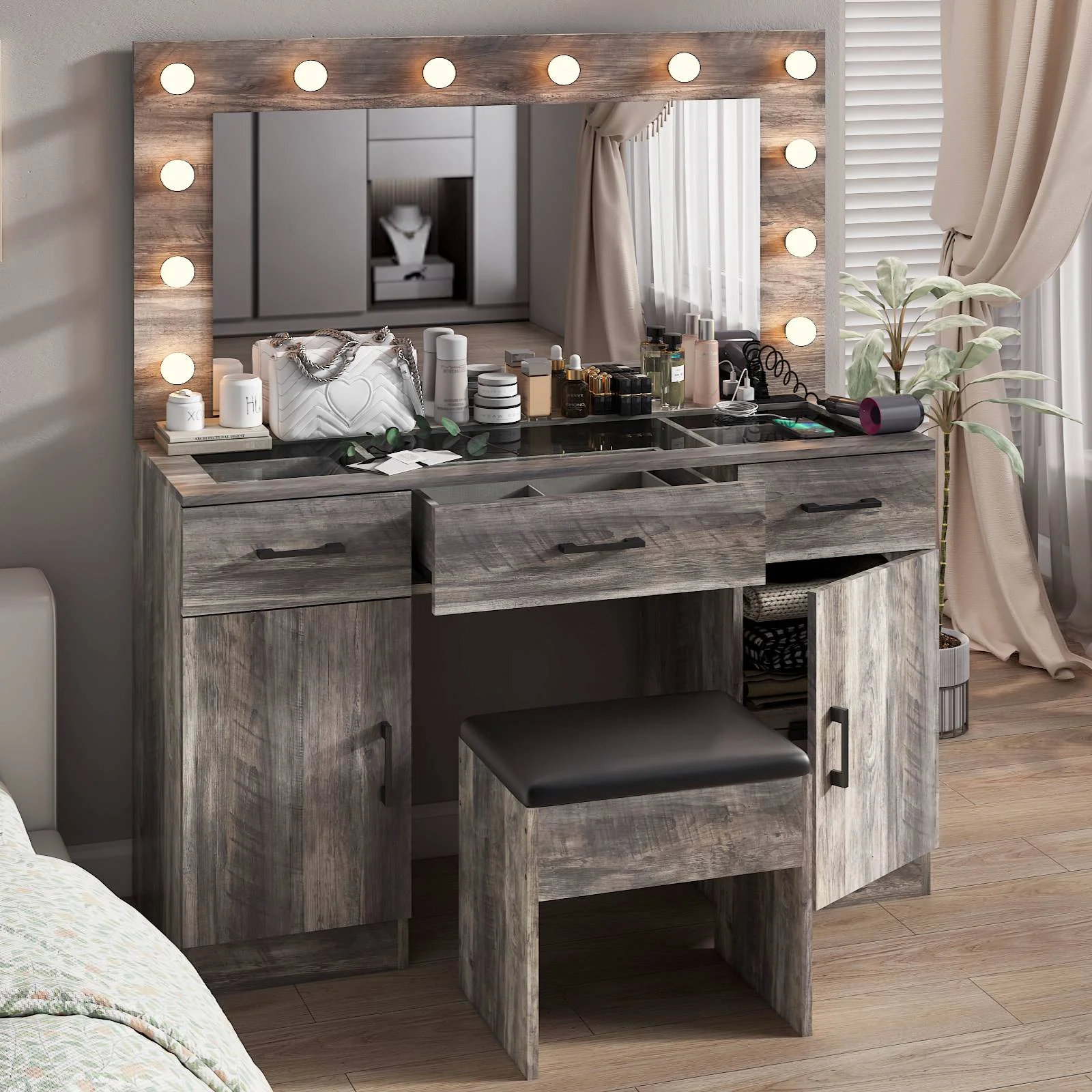 Ktaxon Large Makeup Vanity, Vanity Table Set w/ Visible Glass Top w/ Charging Station, White - Image 35