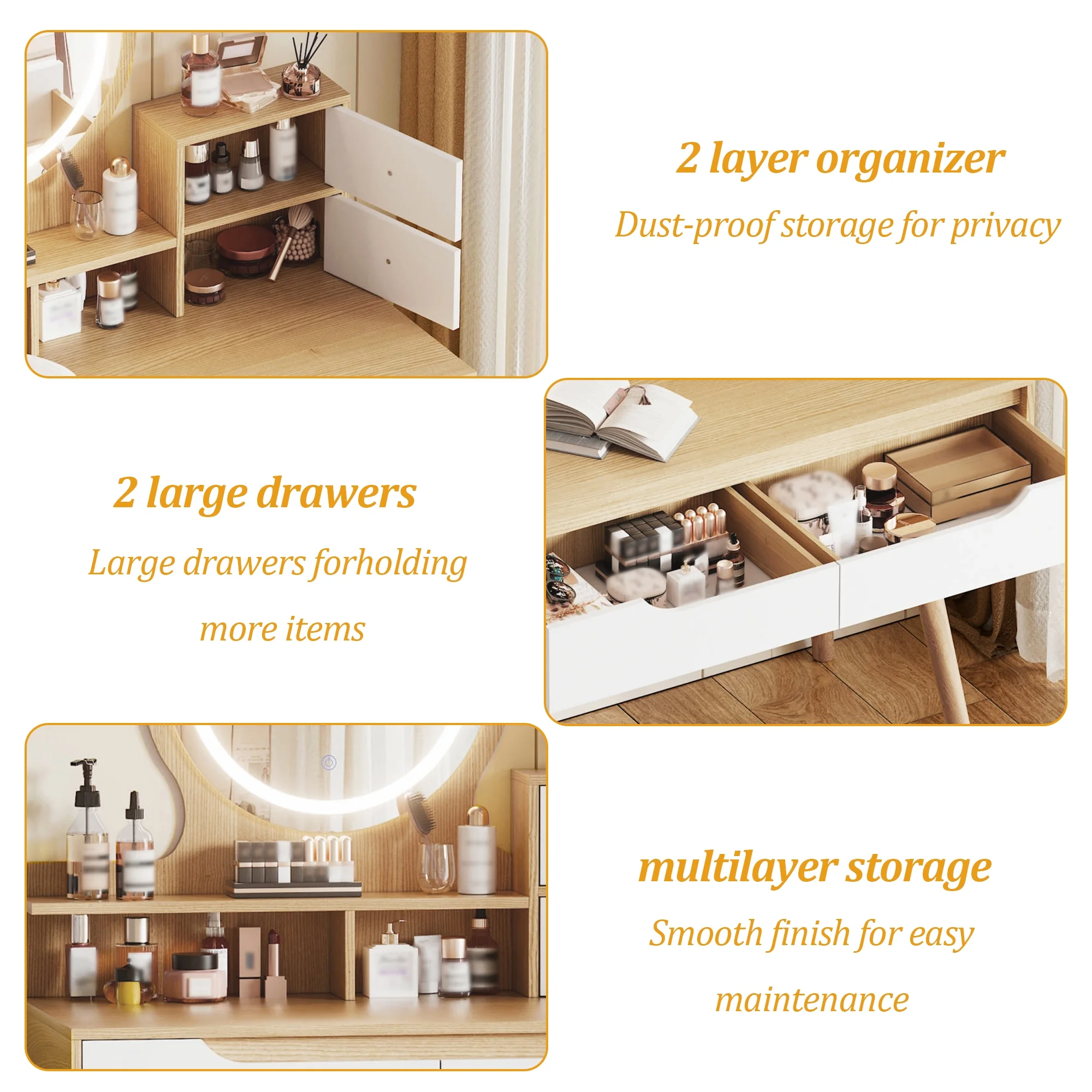 Montary Modern Mini Vanity w/Adjustable LED Mirror + Hidden Storage, Padded Stool & Dustproof Shelves (White) - Image 142