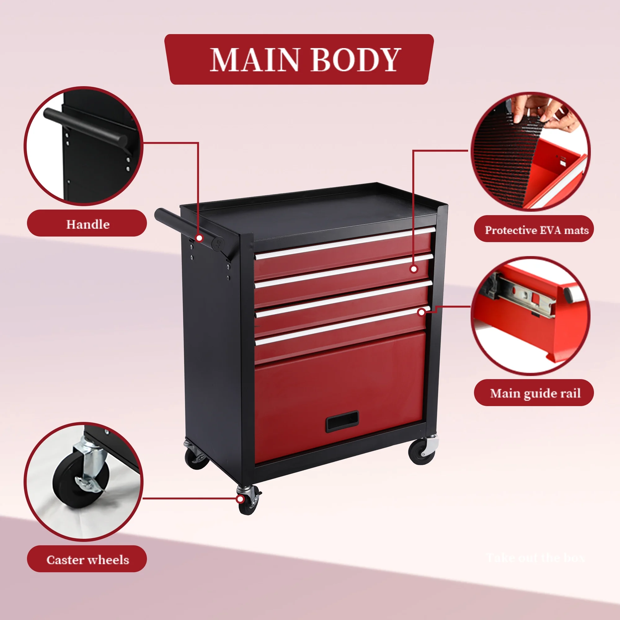 4 Drawer Rolling Toolbox, Tool Chest Cart with 4 Wheels and Drawers, Large capacity Detachable Tool Storage Cabinet for Workshops, Garages, Maintenance Rooms