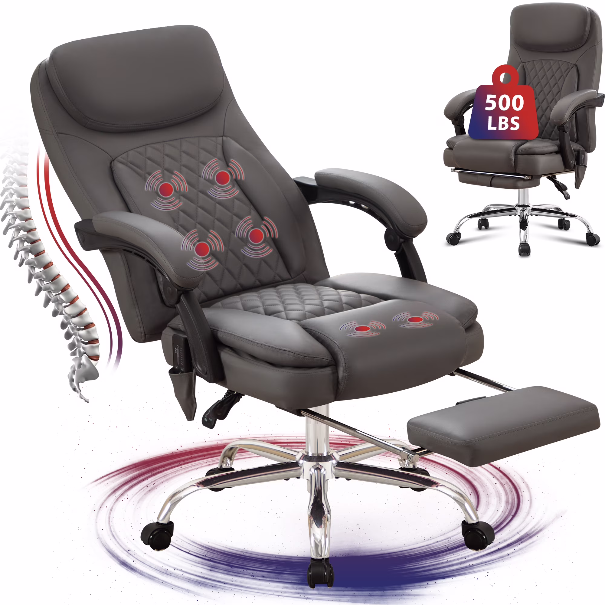 JONPONY Big and Tall Office Chair 500LBS Executive Office Chair Massage and Footrest Ergonomic Computer Desk Chair Reclining High Back Leather Office Chair Lumbar Back Support Swivel Rolling,Black - Image 7