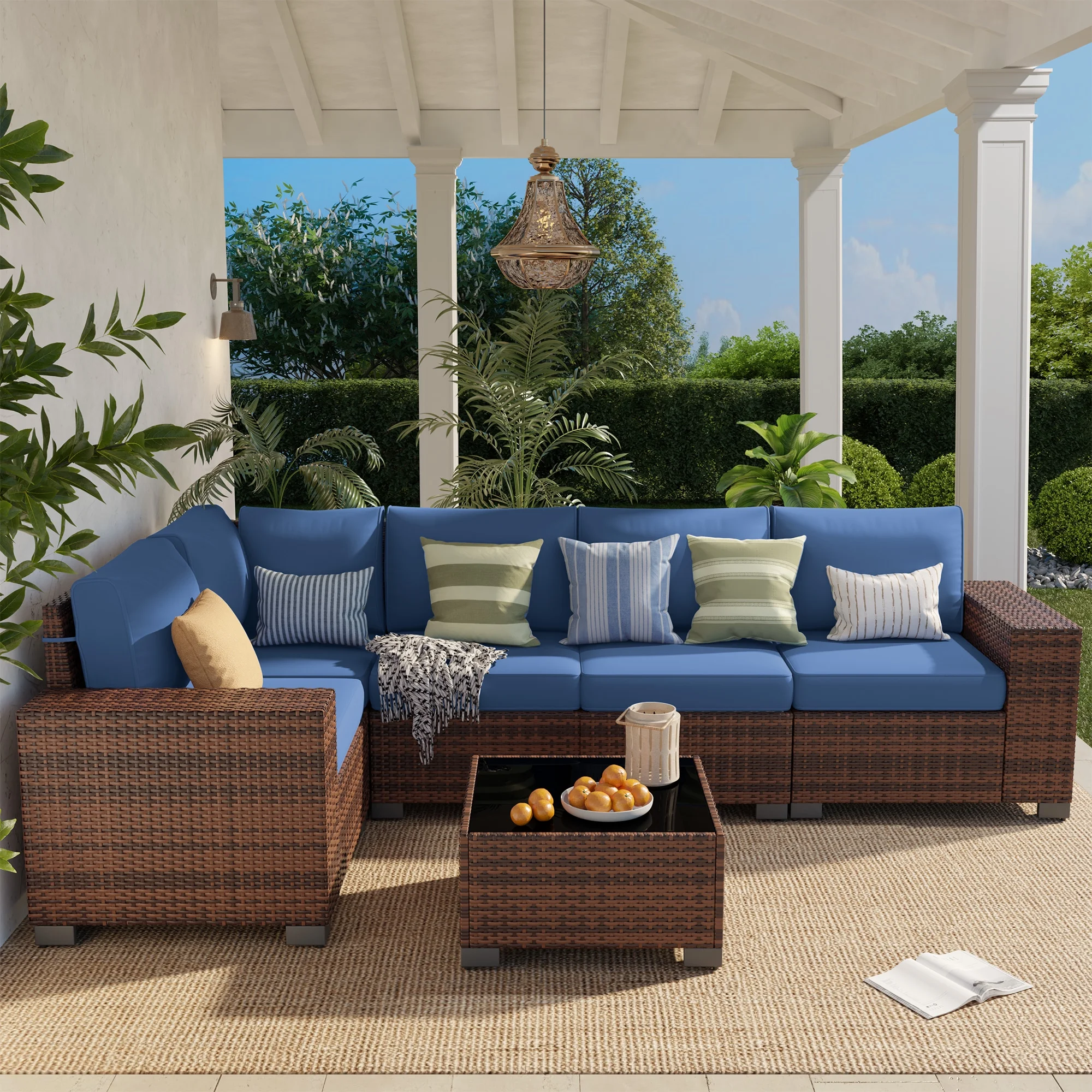 Poteban Patio Furniture Set 6 PCS Outdoor Sectional Conversation Sets Featuring Widen Wicker Armrests and High Back, Black (Waterproof Covers Included)