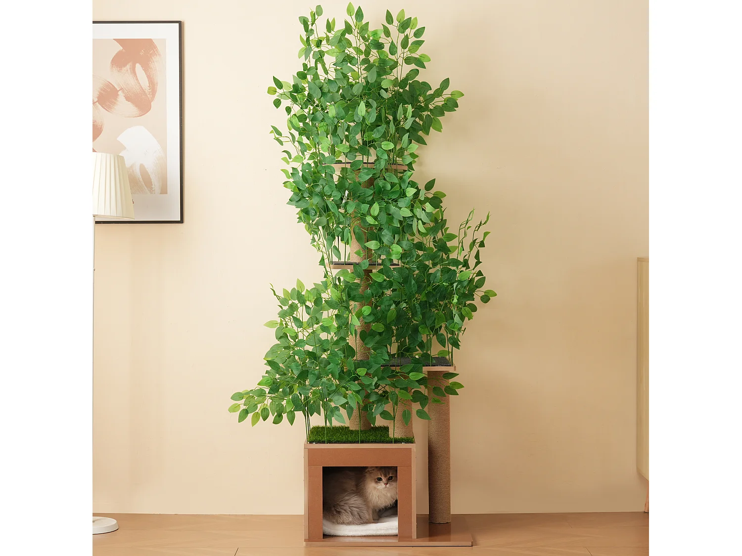 Arbre à chat - 60 x 45 x 190 cm - avec 4 plateformes + trous pour chats - feuilles amovibles - MDF - vert