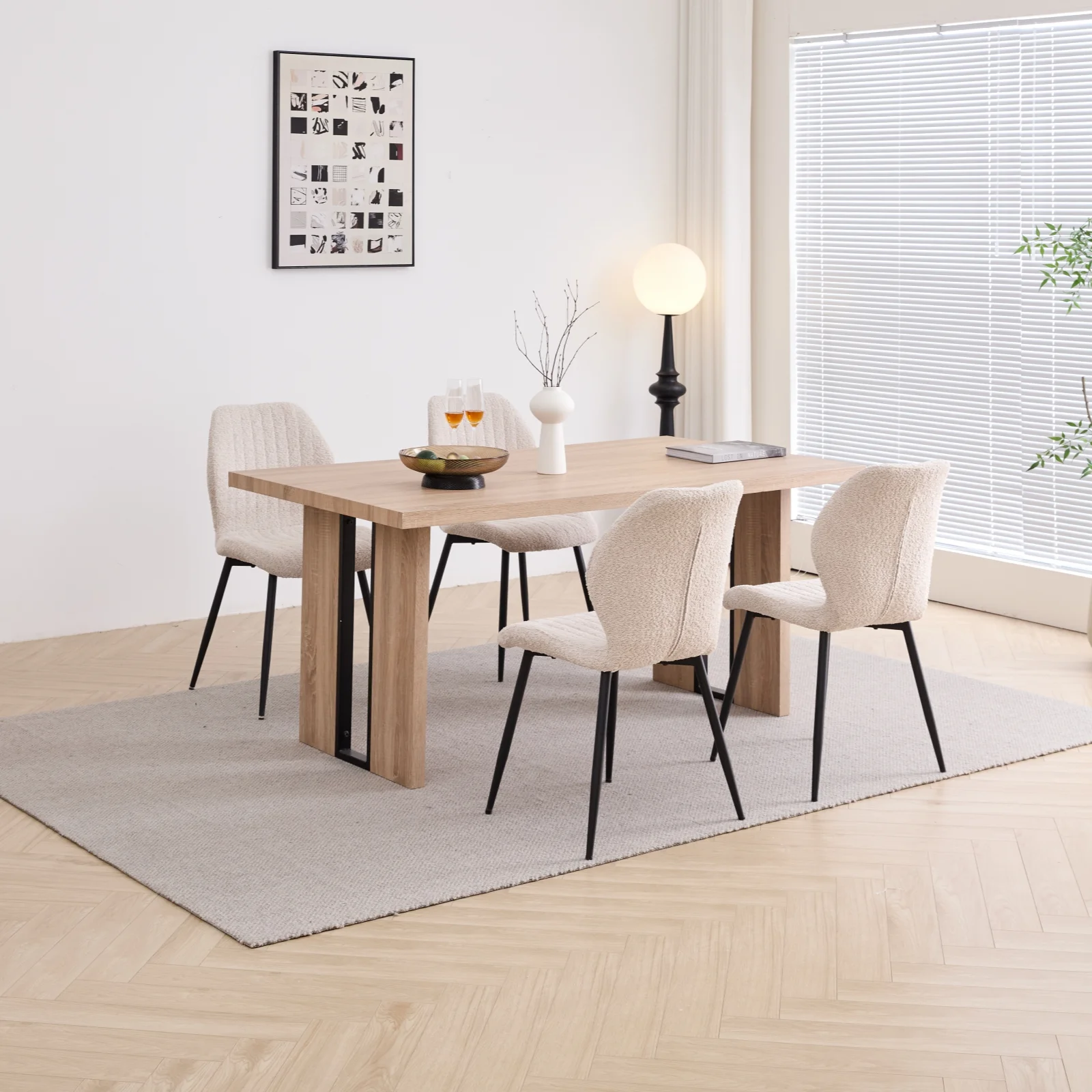 5pcs Rectangle Dining Table Chairs Set for 4, 63" Farmhouse Wood Kitchen Table with 4 Upholstered Mid Century Modern Boucle Chairs for Dinner, Living Dining Room, Apartment, Beige - Image 11