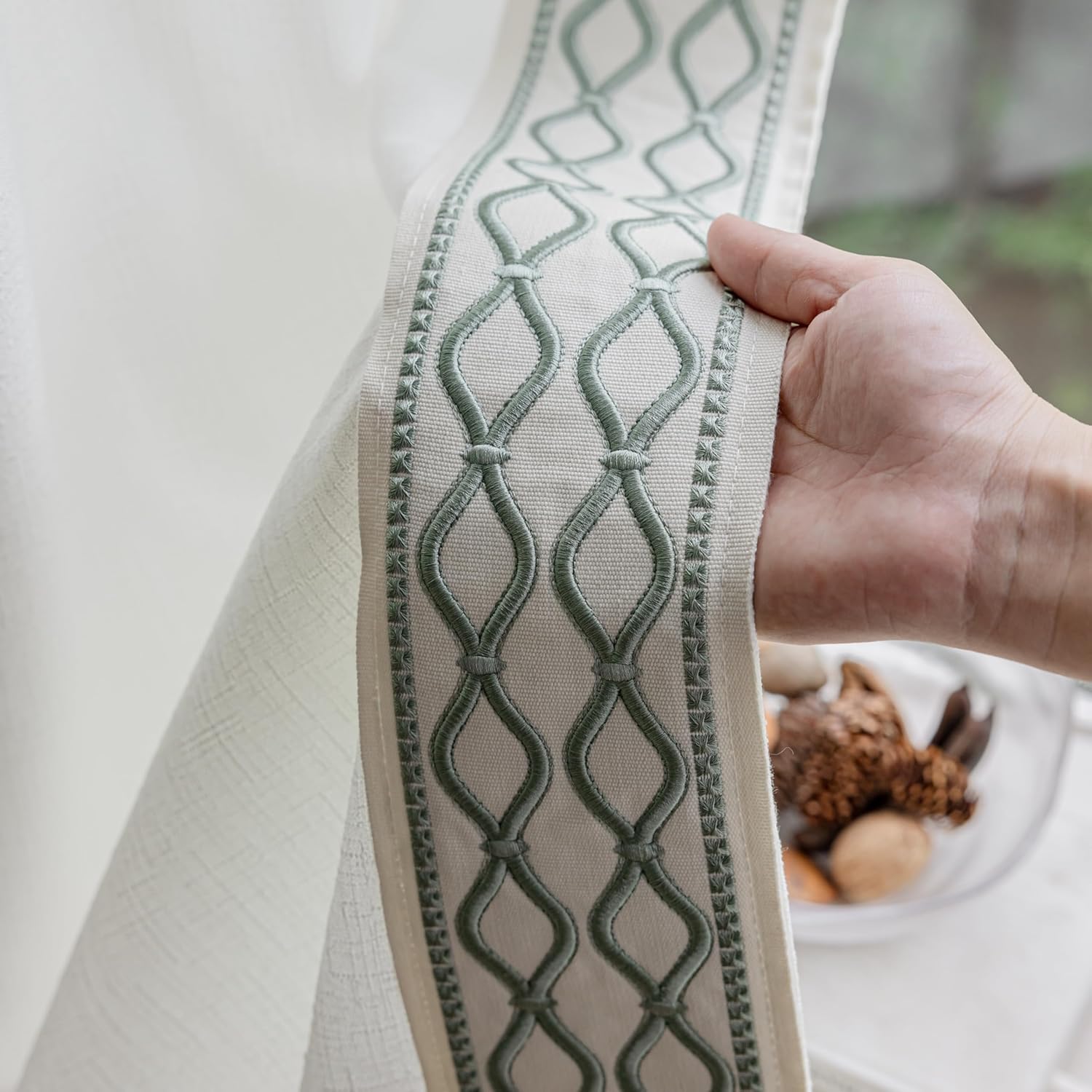 White Colour Linen Curtain Panels with Embroidered Trim Design, Pinch Pleat Curtains, Semi-Sheer Curtains for Sliding Patio Doors Bedroom (2 Panels) (50W x 108L)