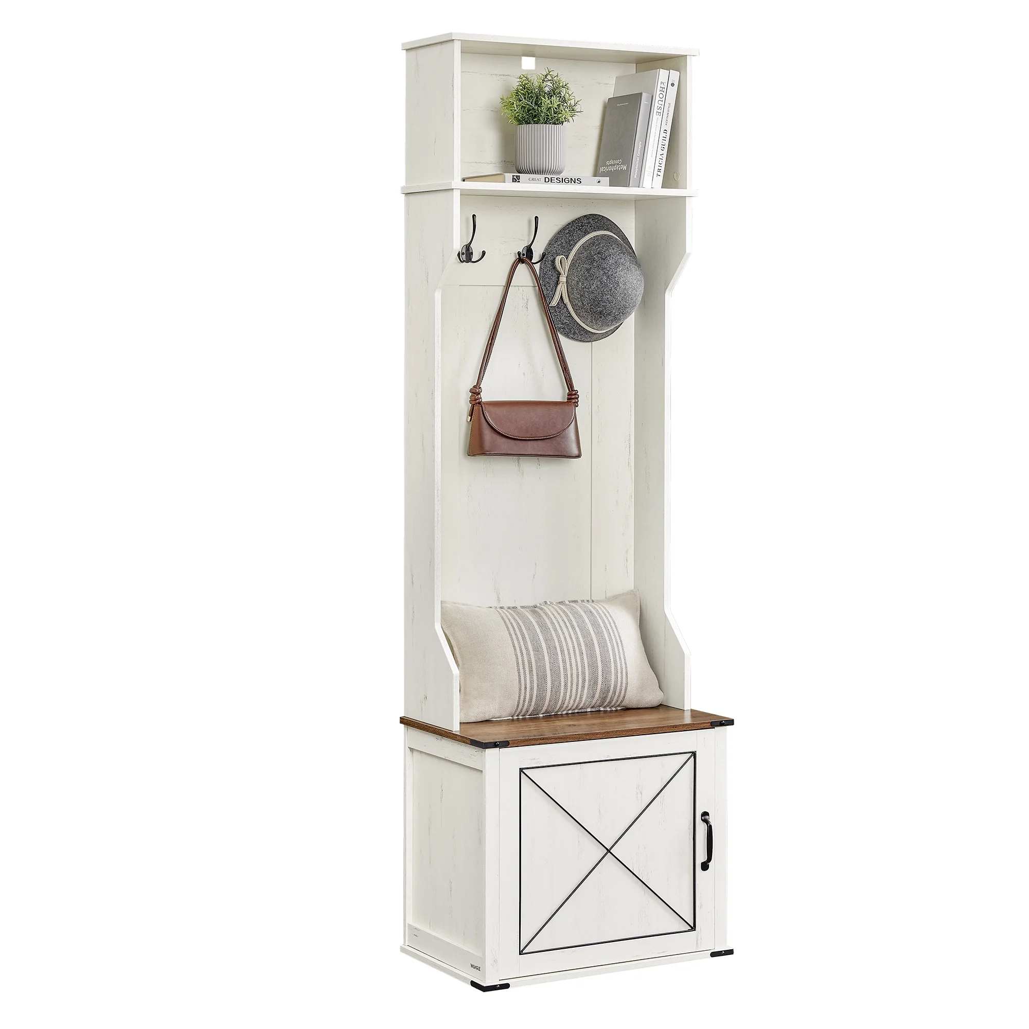 Farmhouse-Inspired Entryway Organizer, Triple Hooks & Built-In Shoe Bench, Hall Tree Entryway Bench for Mudroom & Foyer, Space-Saving Coat Rack with Storage Cabinet, Rustic White and Honey Brown