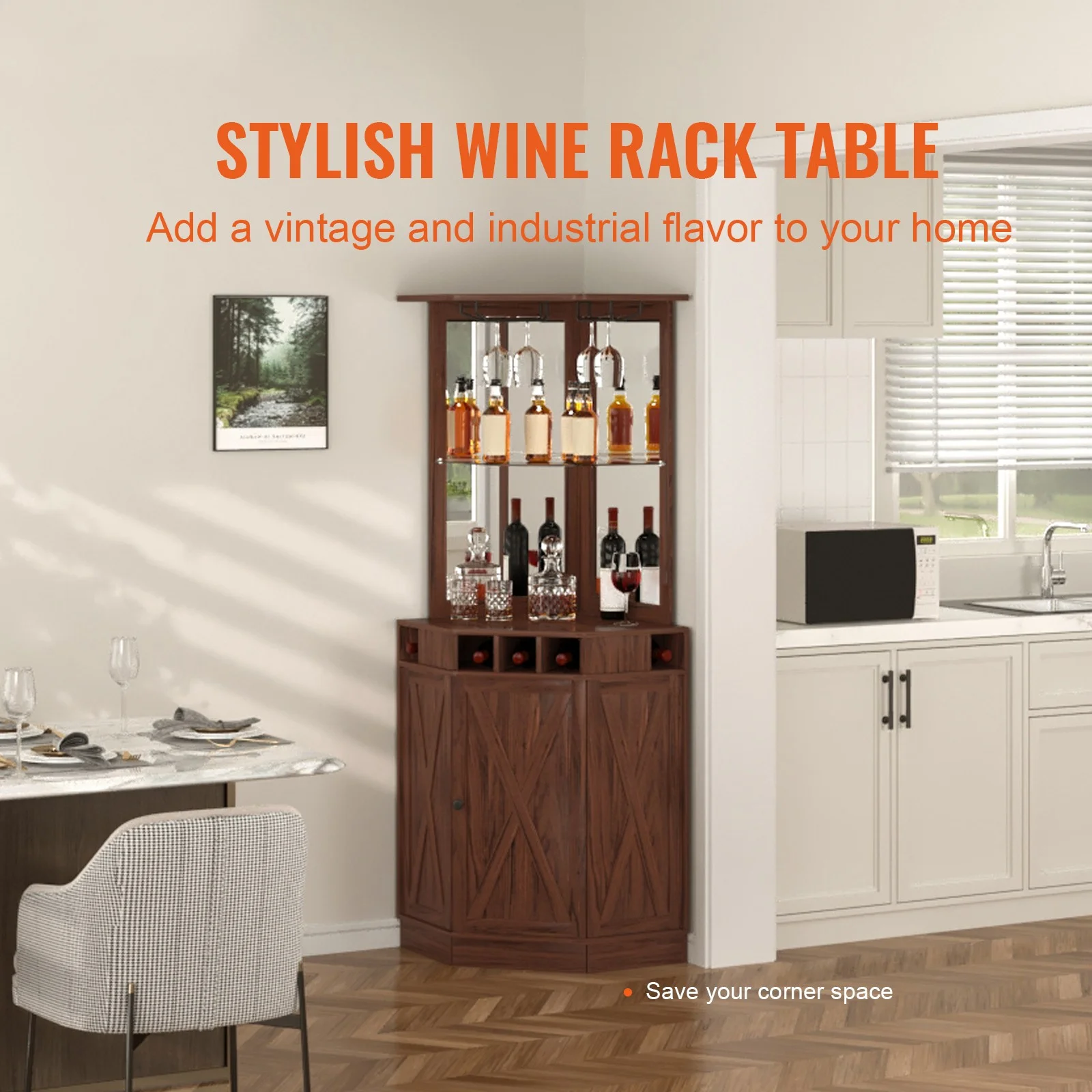 BENTISM Industrial Bar Cabinet with Glass Holder, MDF Board Brown