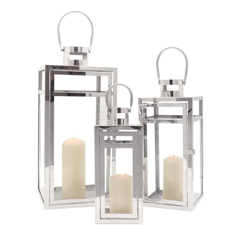 Stainless Steel Lantern Set of 3 12/15/19" Metal Lanterns with Tempered Glass for Parties & Events (Silver ) - Image 10