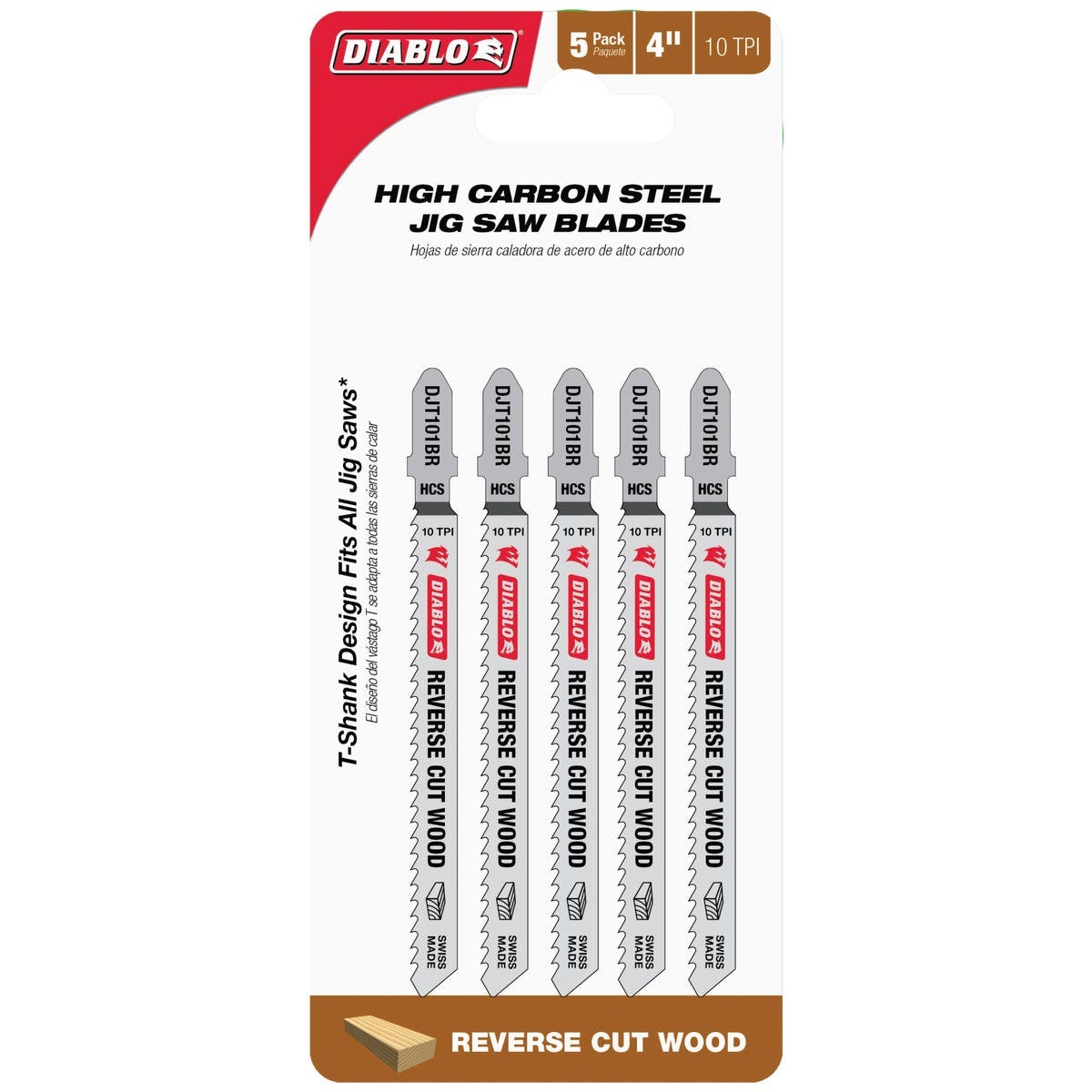 Diablo T-Shank 4 In. x 10 TPI High Carbon Steel Jig Saw Blade for Reverse Cuts in Wood (5-Pack)