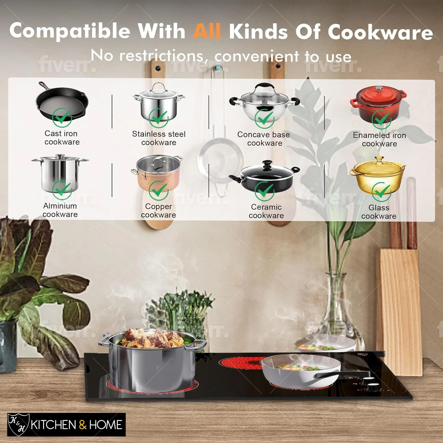 K&H German Designed 4 Burner 30 Inch Built-in Electric Stove Top Radiant Ceramic Kitchen Cooktop Knob Control 240V 7200W CE30-7206K