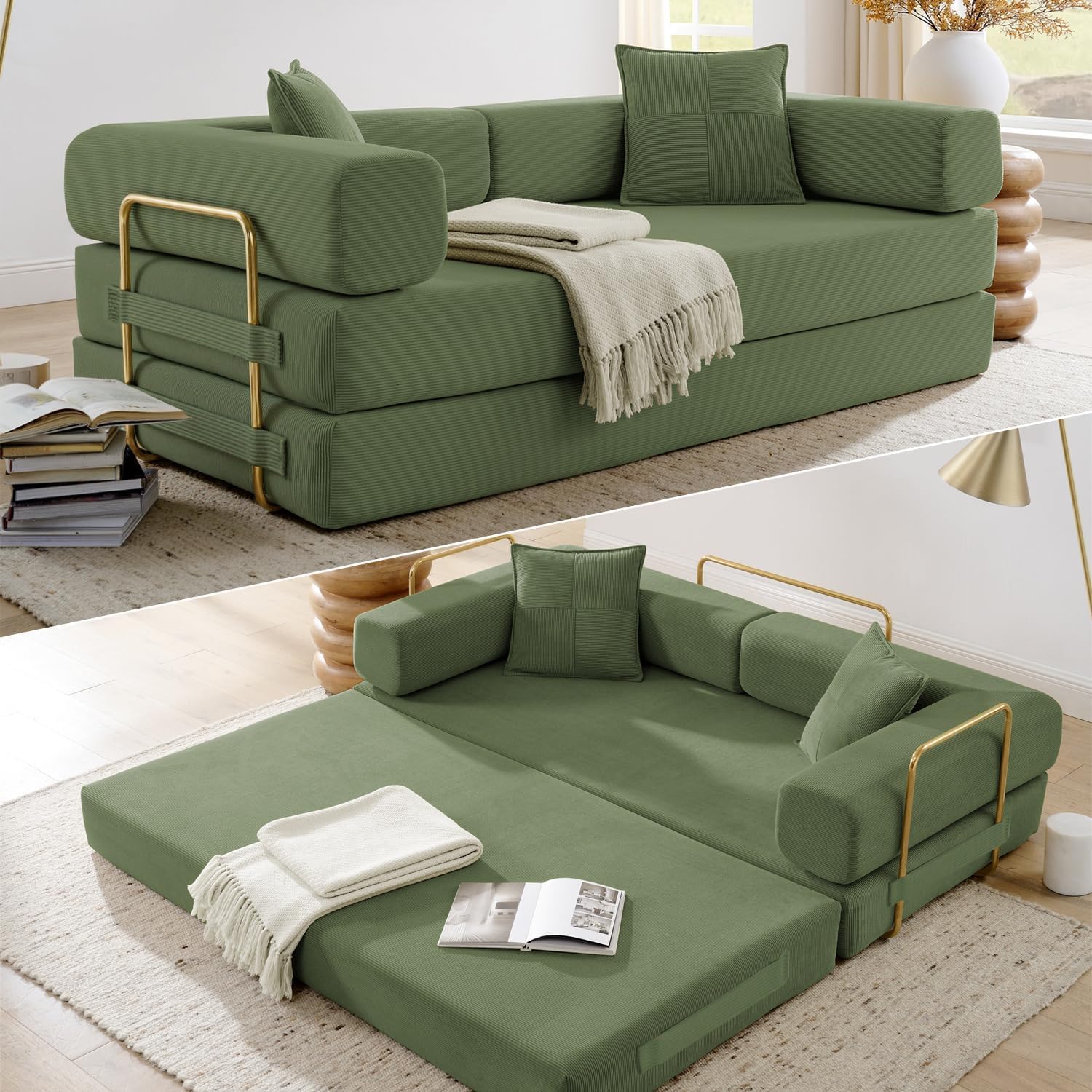 Convertible Folding Sofa Bed, Modern Futon Sleeper Sofa Fold Out Couch Bed with Gold Fixed Frame, Modular Floor Sofas Comfy Corduroy Boneless Couches for Living Room (78