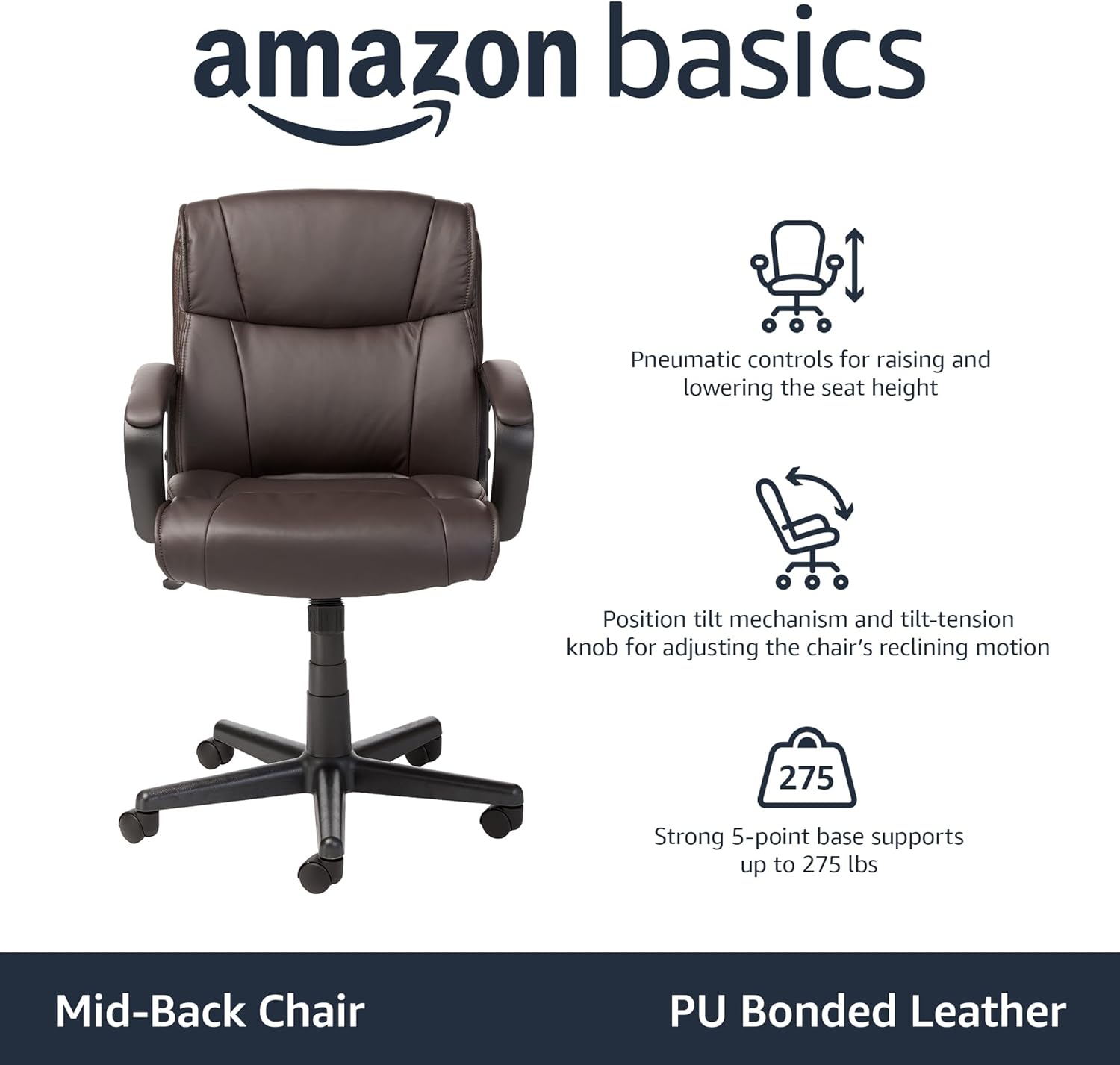 Amazon Basics Office Task Chair with Adjustable Height, 360° Swivel, Padded Armrests, Mid-Back, Rolling, 275 Pound Capacity, 24
