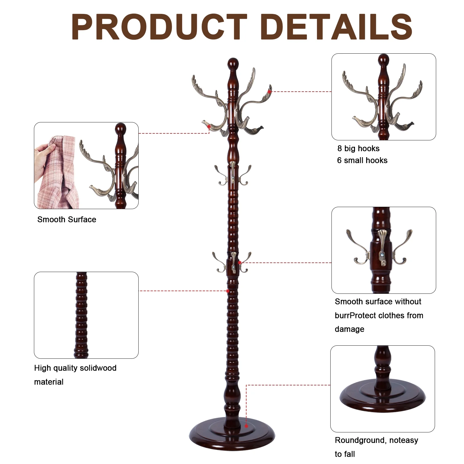 Coat Rack Freestanding, Hall Tree with 11 Hooks, Heavy Duty Wooden Coat Tree Stand, Adjustable Height, Sturdy Base for Bedroom Hallway Office - Load 270lbs - Image 31