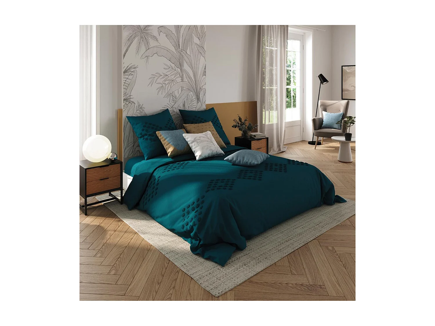 Parure de lit 2 Personnes 260 x 240 cm Housse de couette avec 2 taies Coton lavé Bleu Canard tufté