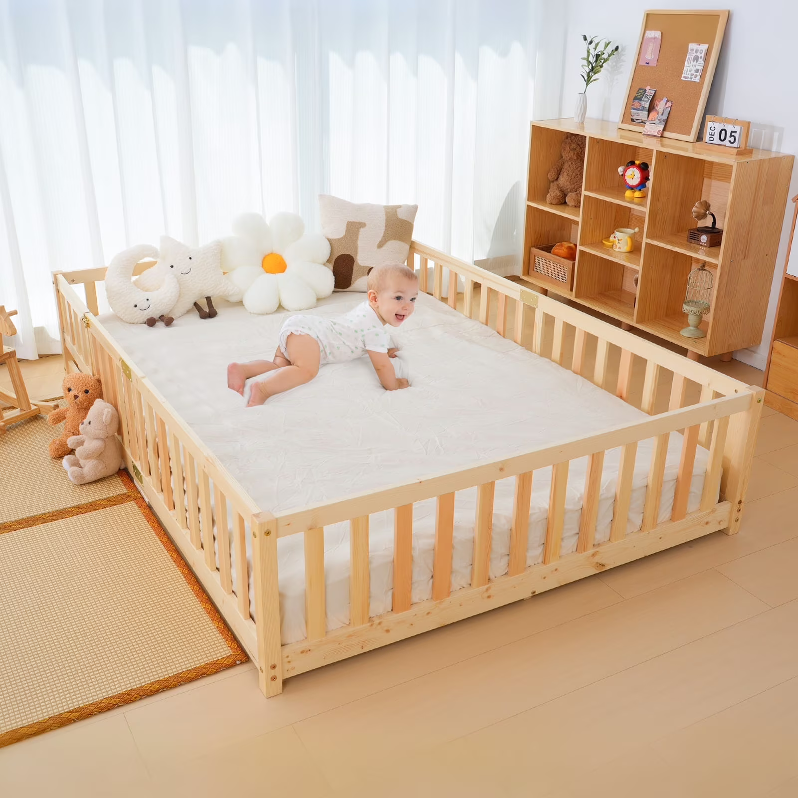 Slsy Twin Size Toddler Floor Bed, Solid Wood Montessori Bed Frame with Fence & Door Montessori Floor Bed Crib with Safety Guardrails for Girls and Boys - Image 5