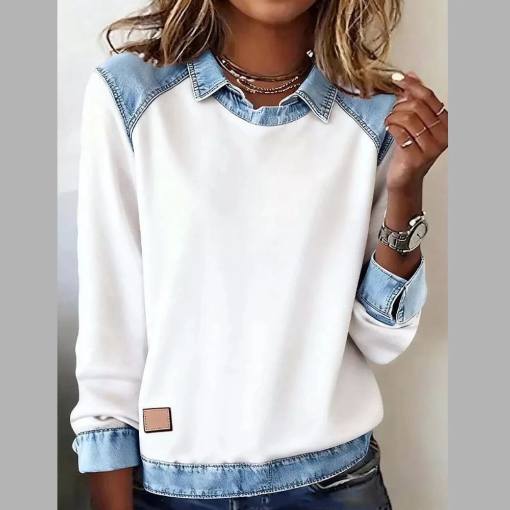 Full Size Denim Trim Long Sleeve Top Plus Size - ZKZOOK