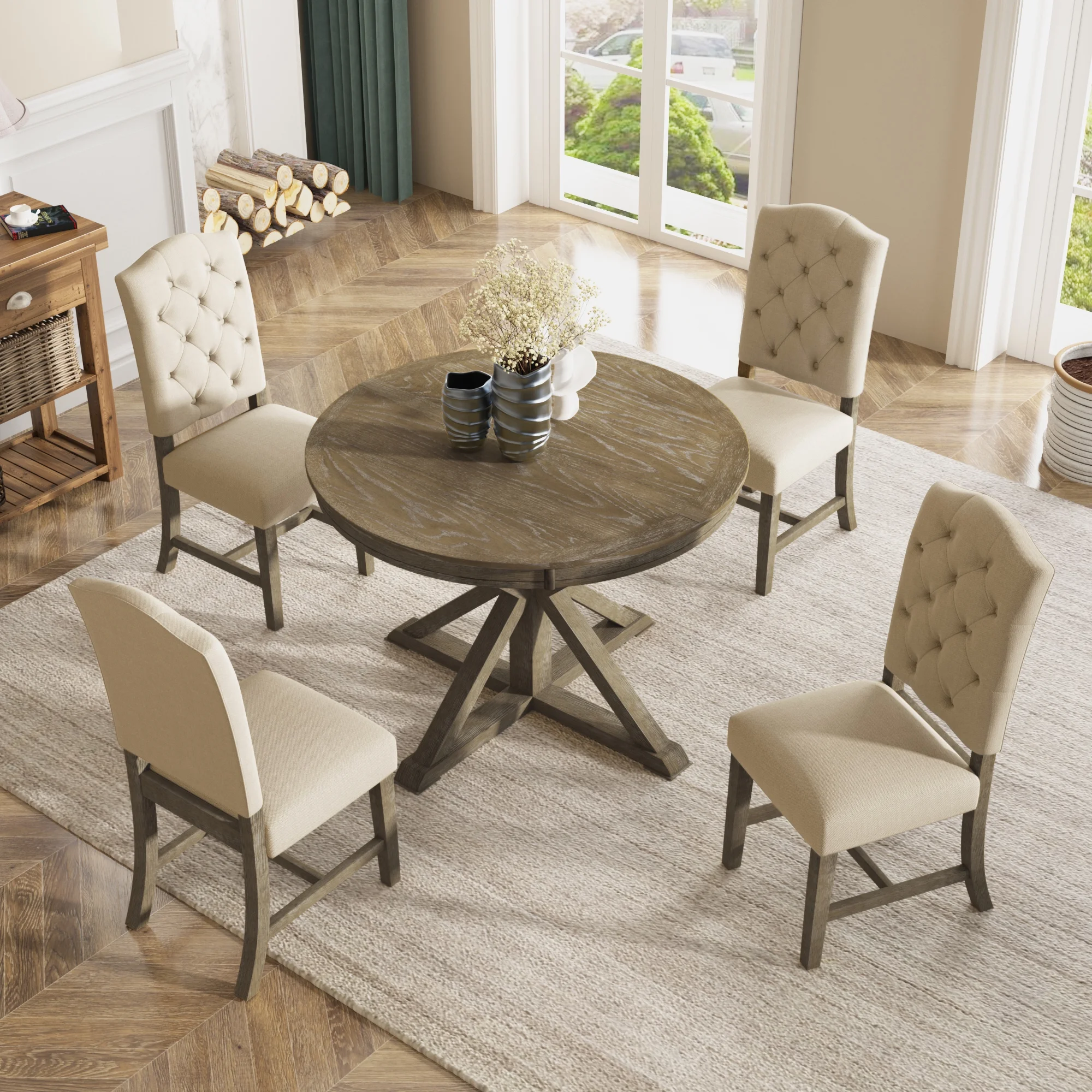 Besthome Farmhouse Extendable Round Kitchen Dining Room Table Set with Upholstered Chairs of 4, 5 Piece Round Dining Table Set with Extendable Table, Espresso - Image 12
