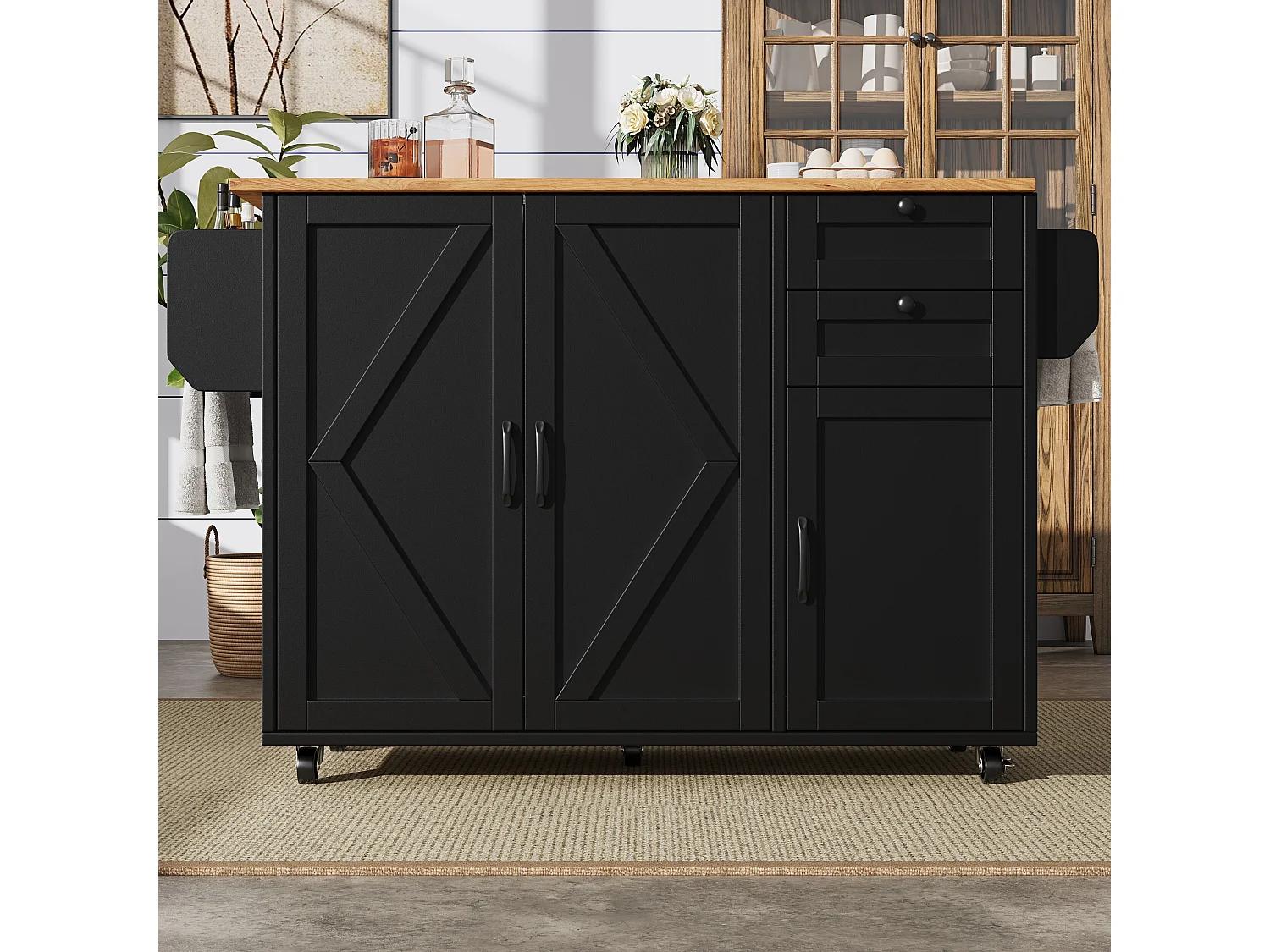 Desserte de cuisine avec plan de travail pliable, 3 portes et 2 tiroirs, noir - pour salon et salle à manger