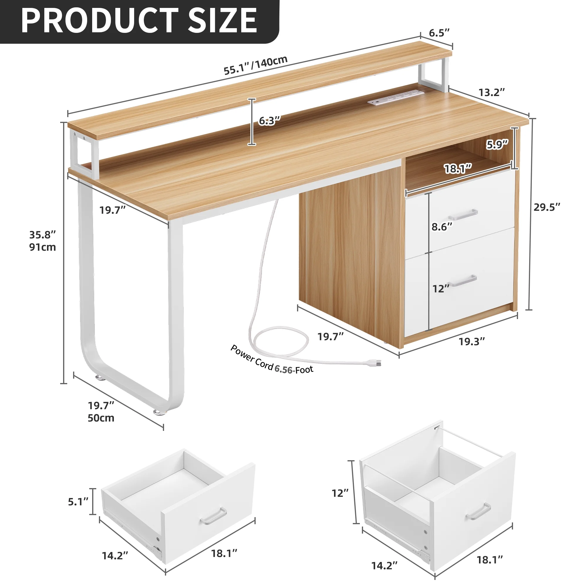 Dextrus 47 inch Computer Desk with Storage Drawers & LED Light, Office Desk with Monitor Stand & Power Outlets, Work Study PC Desk for Small Spaces, Home Office, Oak - Image 25
