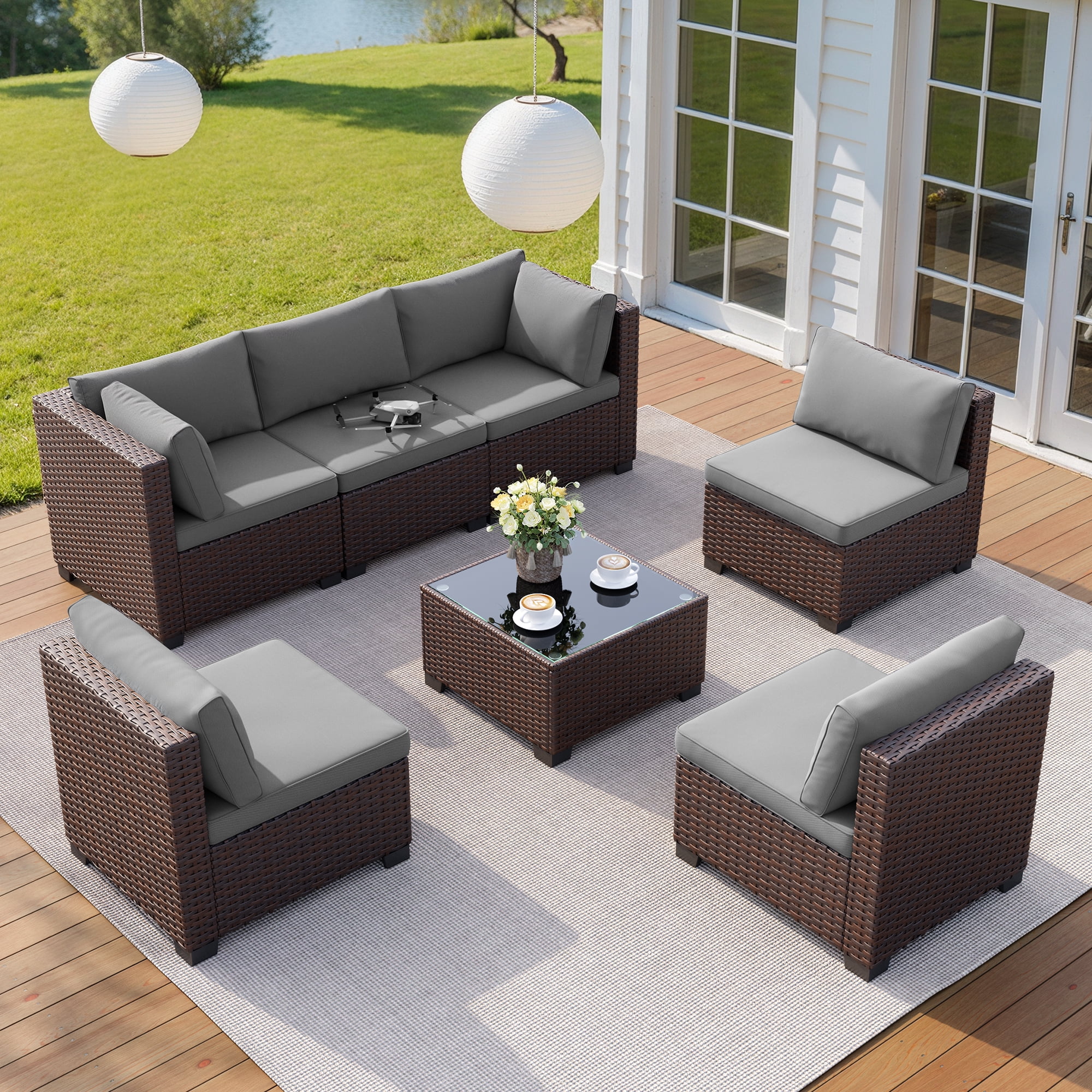 Aiho 7-Piece Rattan Patio Furniture Set , Outdoor Sectional Furniture Set for Patio, Garden, Backyard, Grey