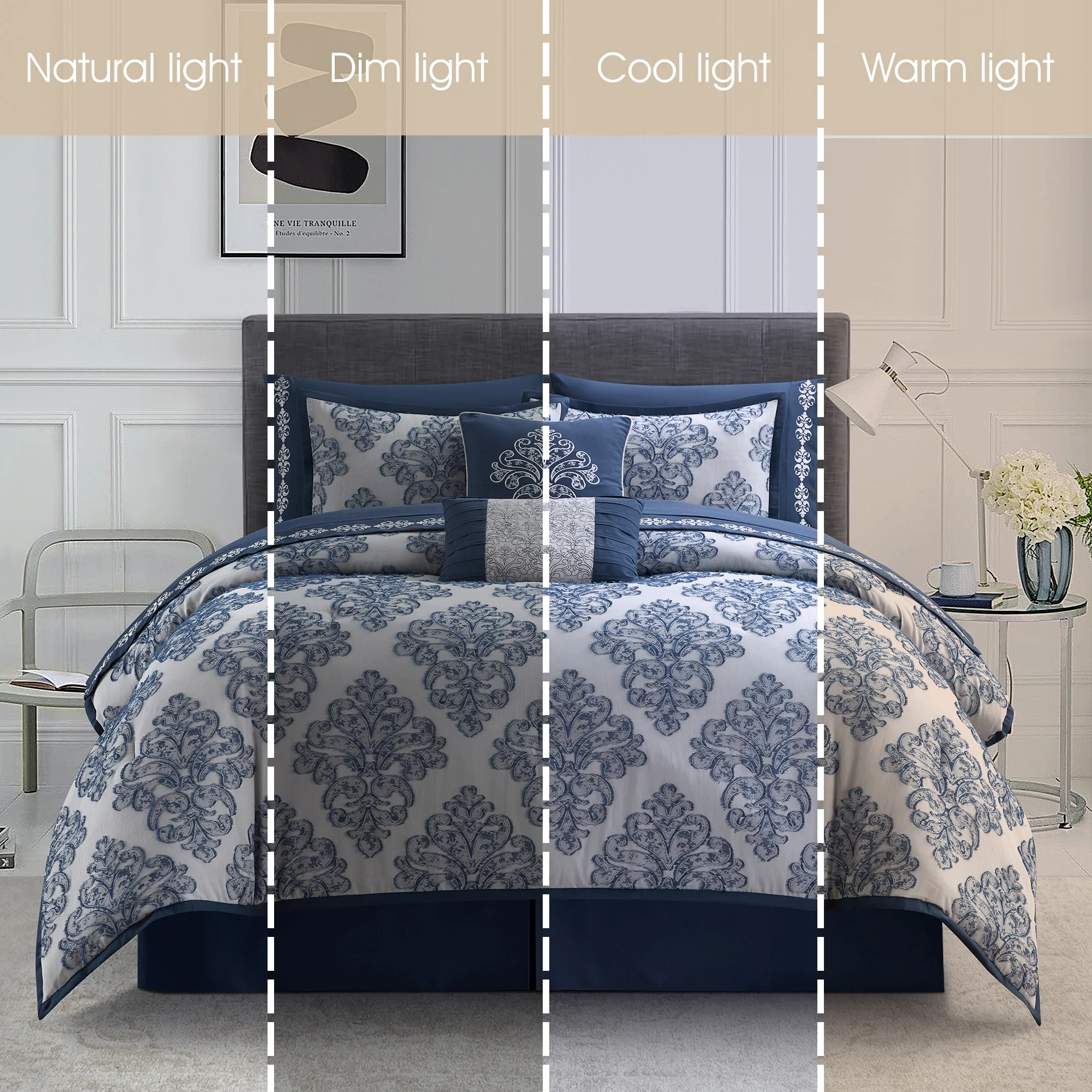 Lanco Smoke Grey Comforter Set California King Size, 9 Piece Jacquard Floral Bedding Set, All Season, Ultra-Soft, Matching Pillows & Shams, Bed Skirt - Image 20