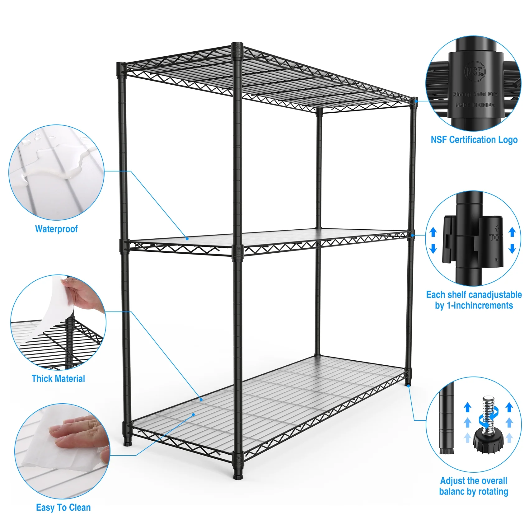 Miniyam 3 Tier Wire Shelving Unit, 2 Packs 1050 LBS NSF Adjustable Metal Garage Storage Shelves, Heavy Duty Storage Wire Rack, Black